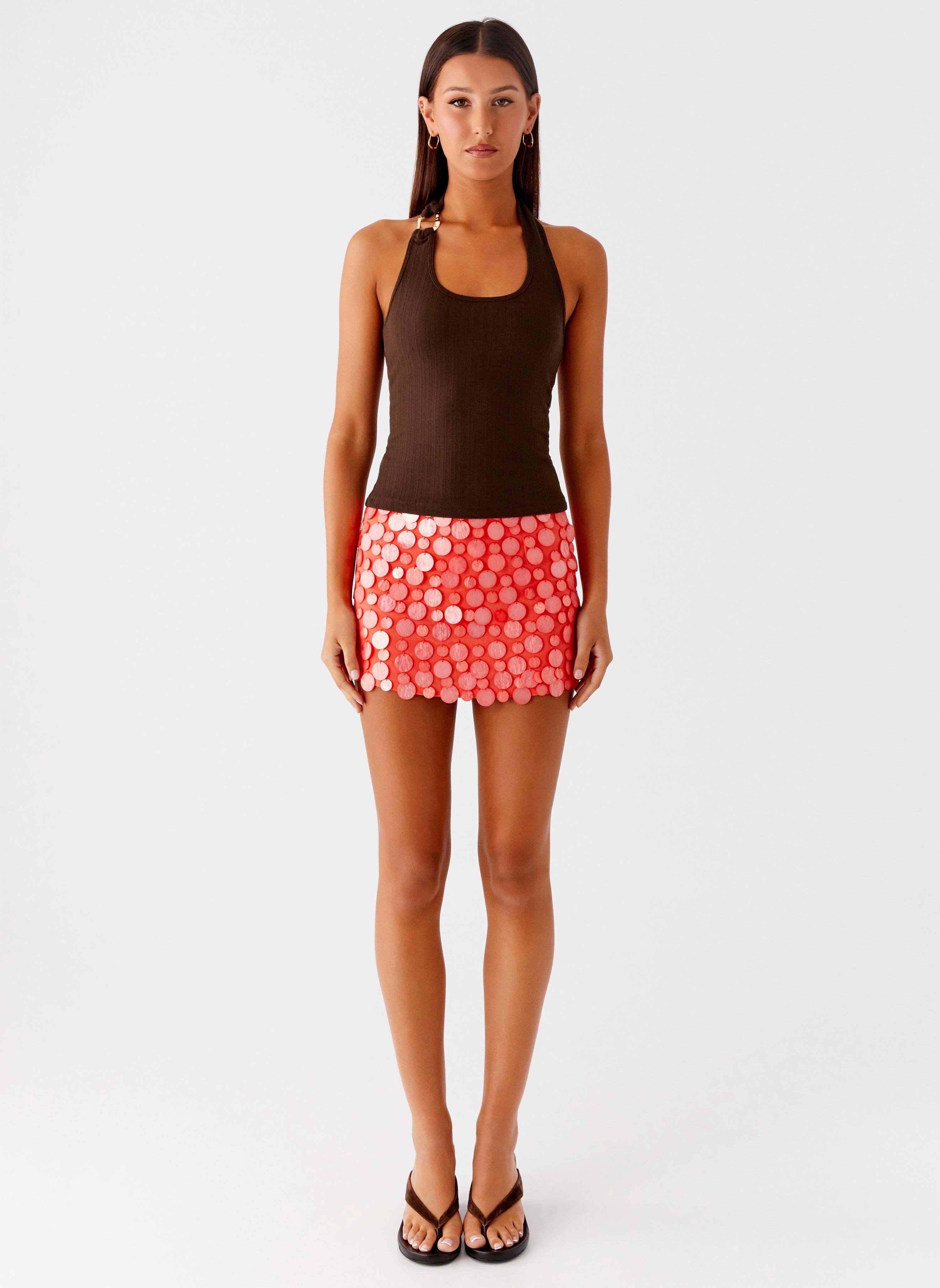 Movie Star Mini Skirt - Mandarin Red Cropped hem Modern Waist