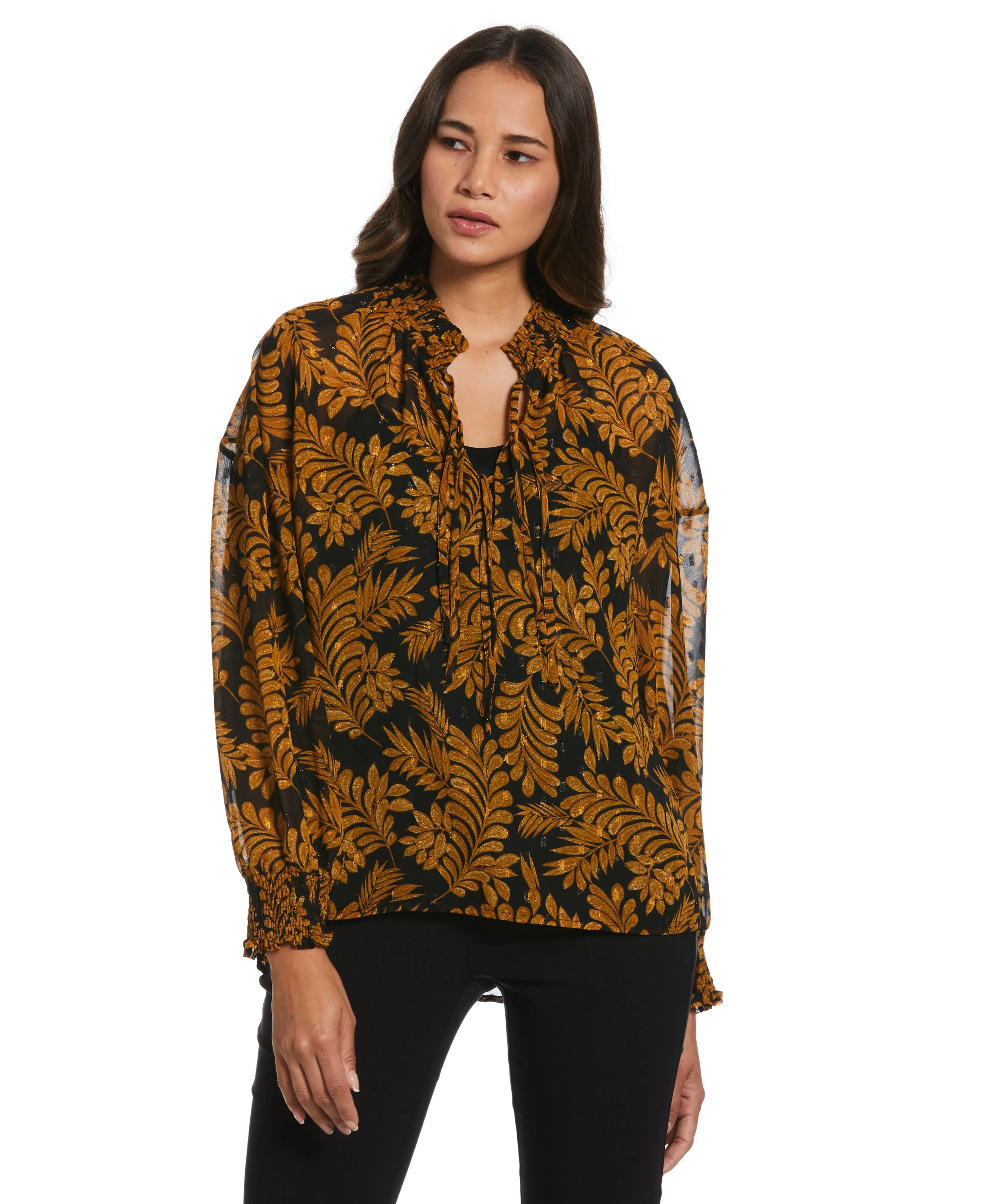 Light Fabric Odor Resistant Treatment Metallic Leaves Print Blouse