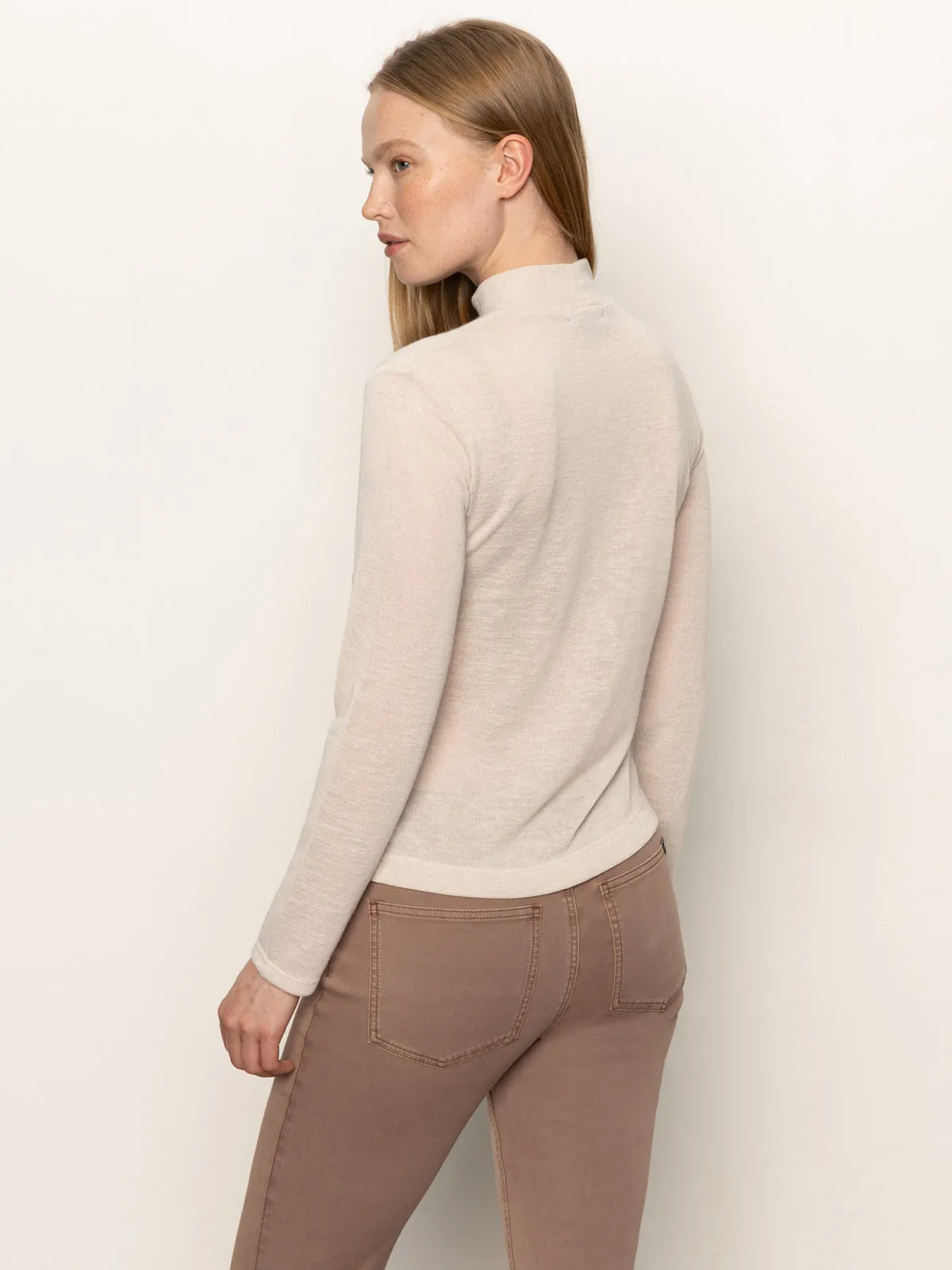 Long Sleeve Draped Mock Neck Top Mother Of Pearl FrictionResistantEdges NoiseReduciting Zipper