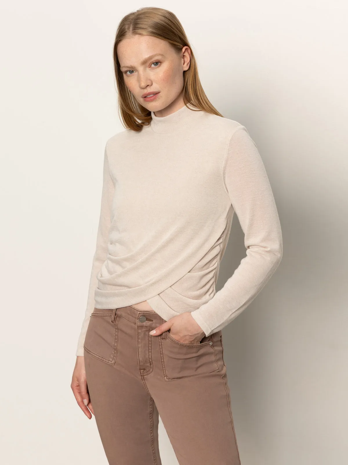 Quick Dry Technology Long Sleeve Draped Mock Neck Top Mother Of Pearl