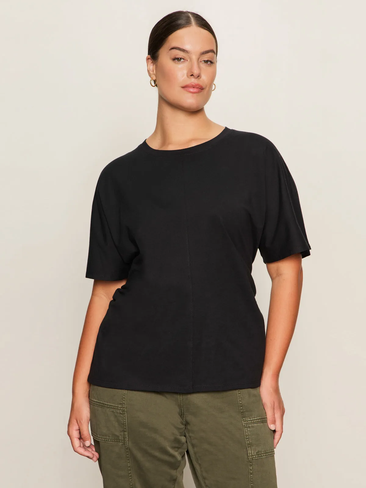 Reinforced Hem Stitching Shirred Waist Dolman Tee Black Extended Sizing