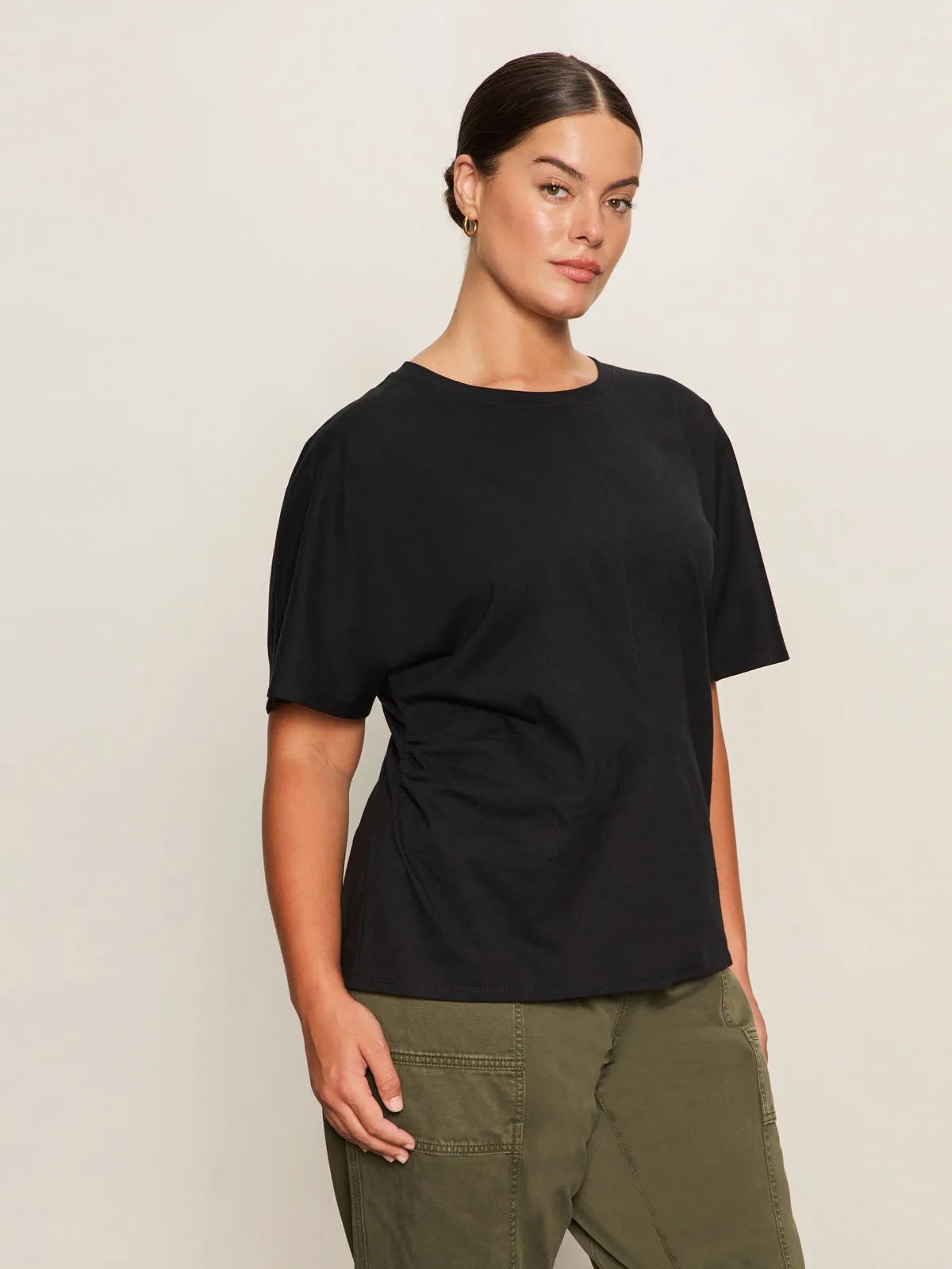 FourWayStretch WrinkleFree Finish Shirred Waist Dolman Tee Black Extended Sizing