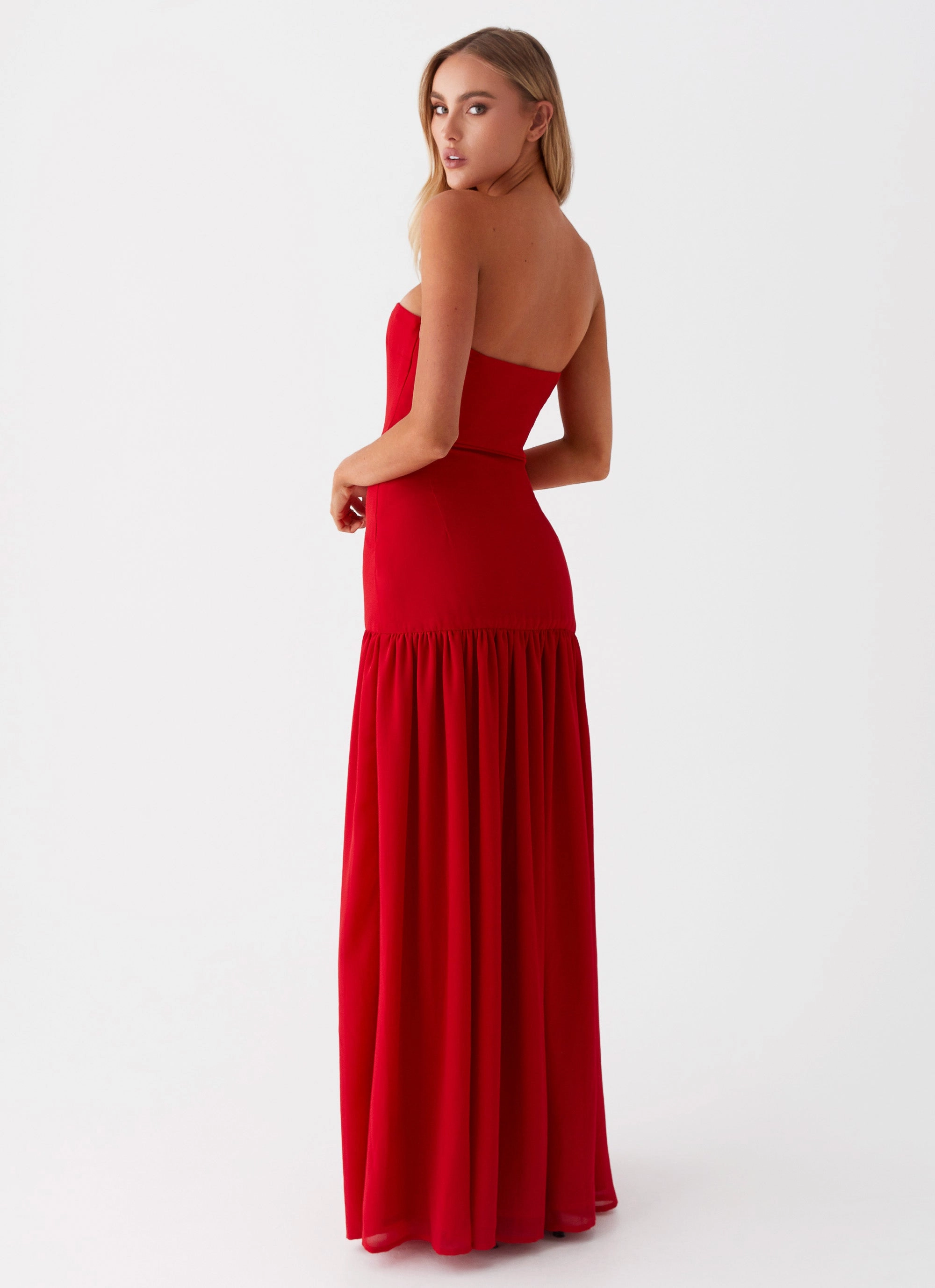 Understated Elegance Abstract Pattern Eden Strapless Maxi Dress - Red