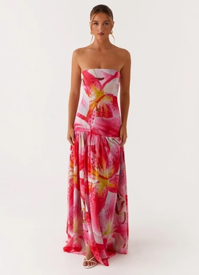Fashion-Forward Eden Strapless Maxi Dress - White Pink Lilly