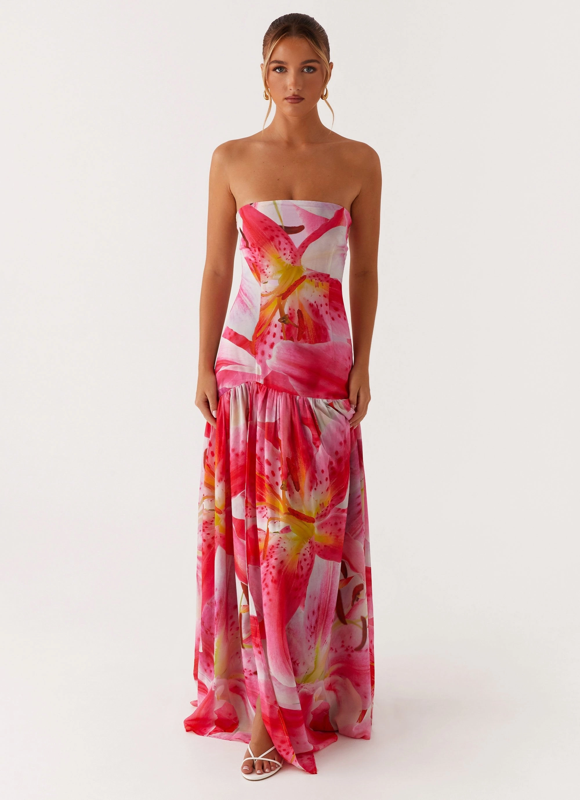 Fashion-Forward Eden Strapless Maxi Dress - White Pink Lilly