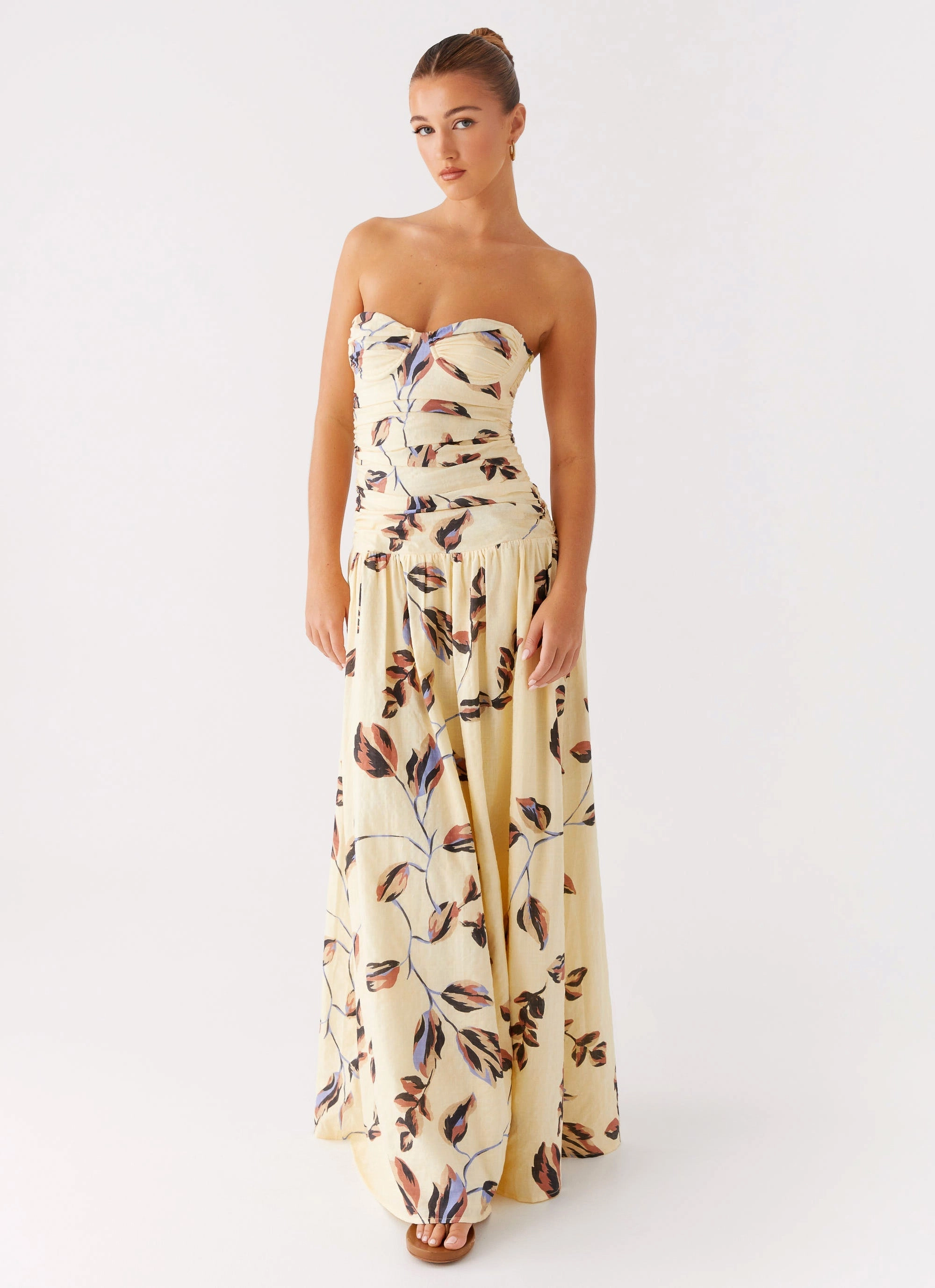 Dressy Yet Comfortable Edge Detail Rhea Ruched Maxi Dress - Buttercream Bliss