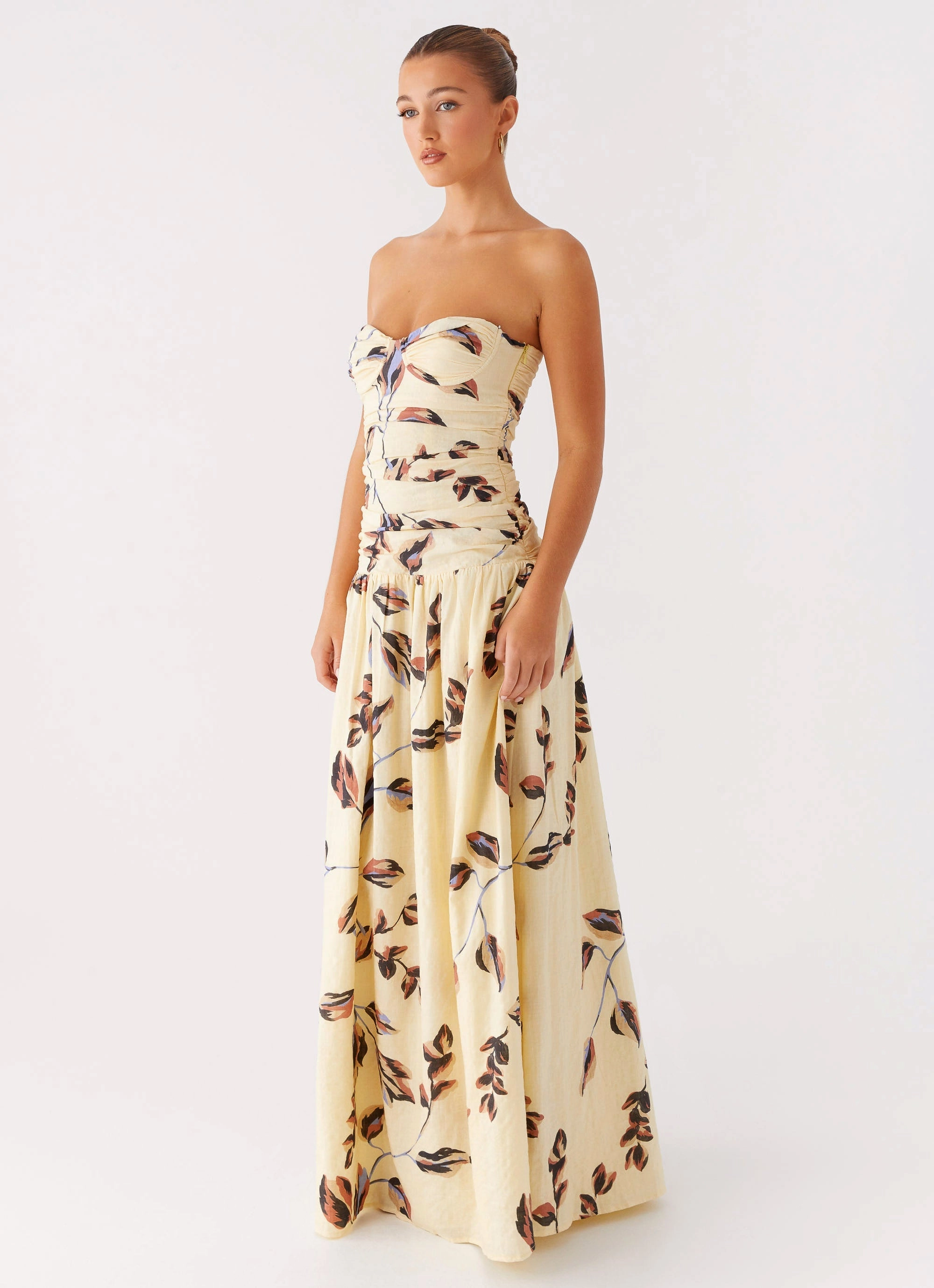 Subtle pattern Rhea Ruched Maxi Dress - Buttercream Bliss