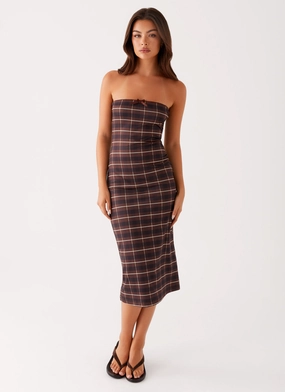 Niko Strapless Midi Dress - Brown Black Check Chic and Cozy