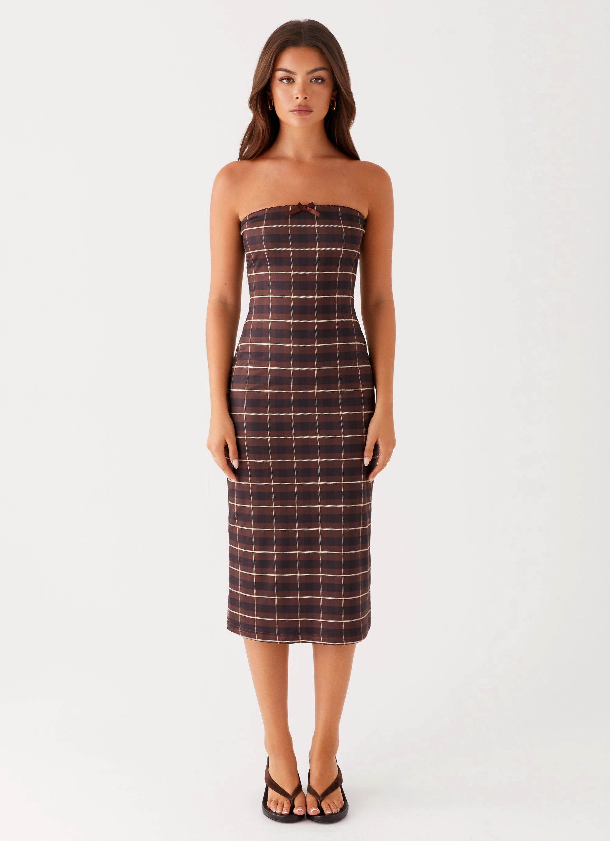 Niko Strapless Midi Dress - Brown Black Check Square-Neck
