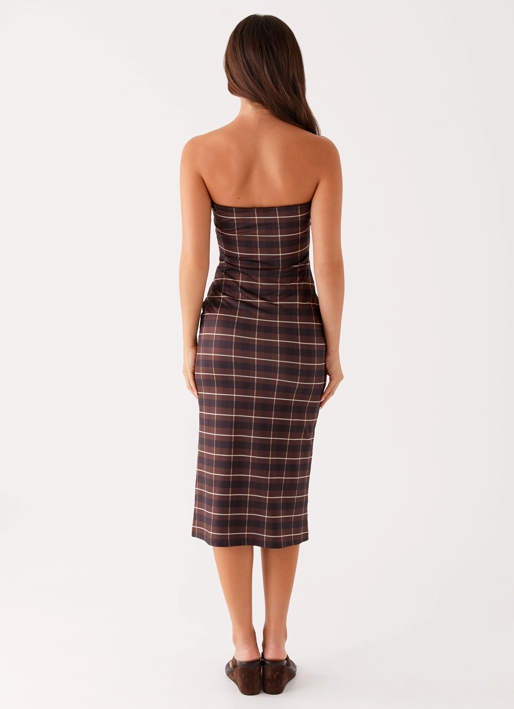 Niko Strapless Midi Dress - Brown Black Check Flexible Mood Seasonal Layer