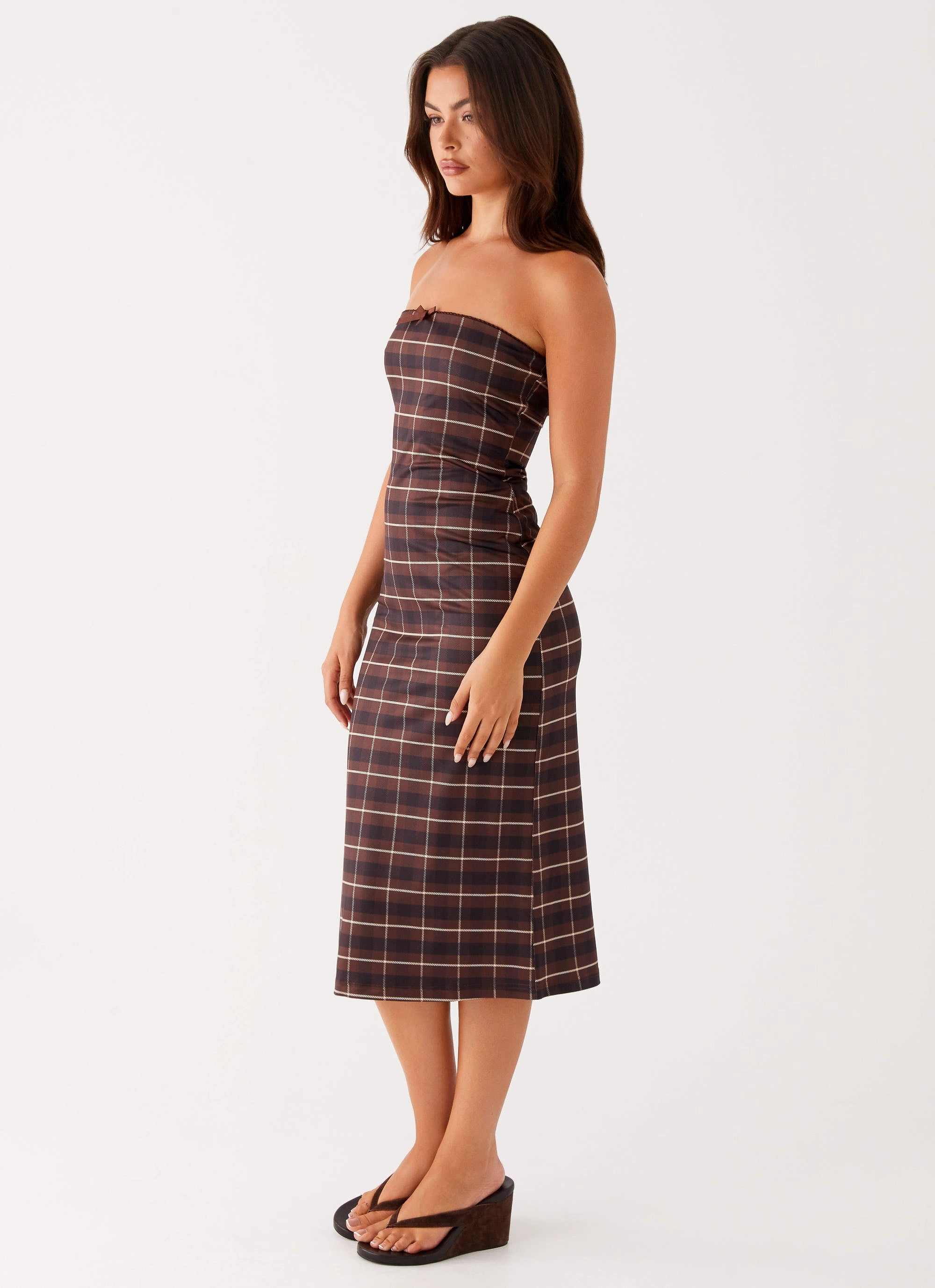 Movement Friendly Niko Strapless Midi Dress - Brown Black Check