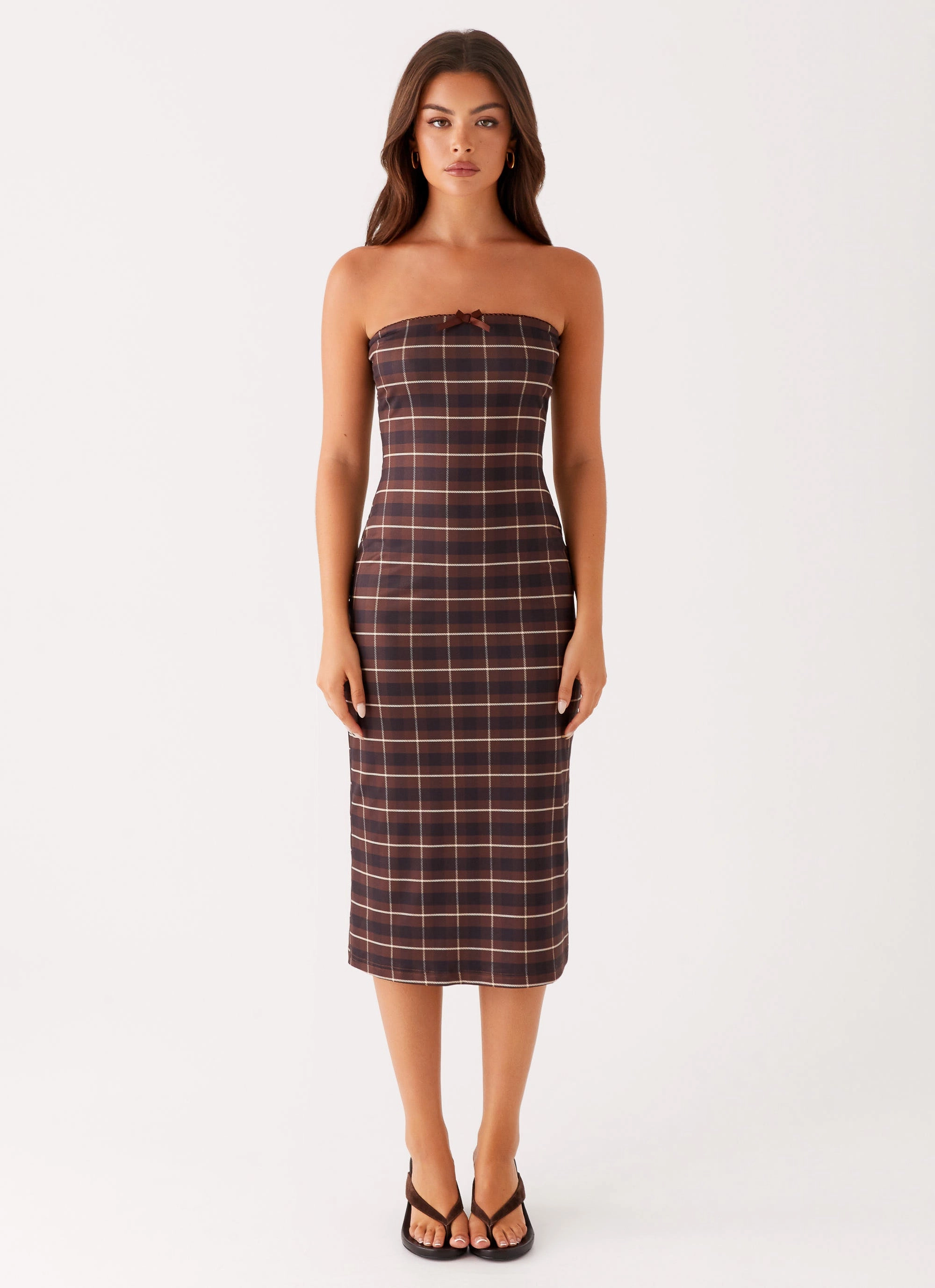 Niko Strapless Midi Dress - Brown Black Check Sleek Motion Work Look