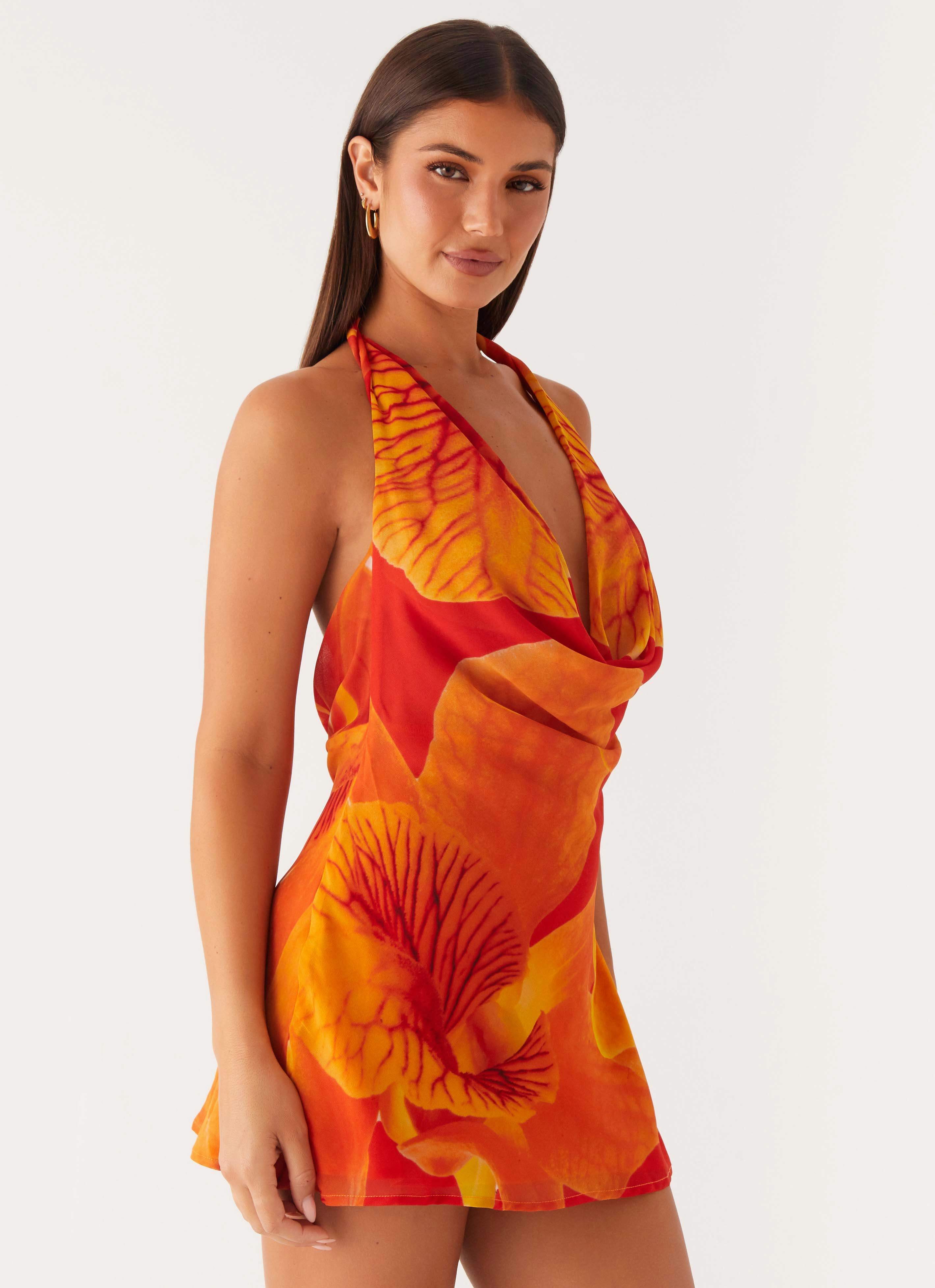 Flattering Comfort Wear Comfort Stretch Solar Beam Cowl Mini Dress - Serene Orange