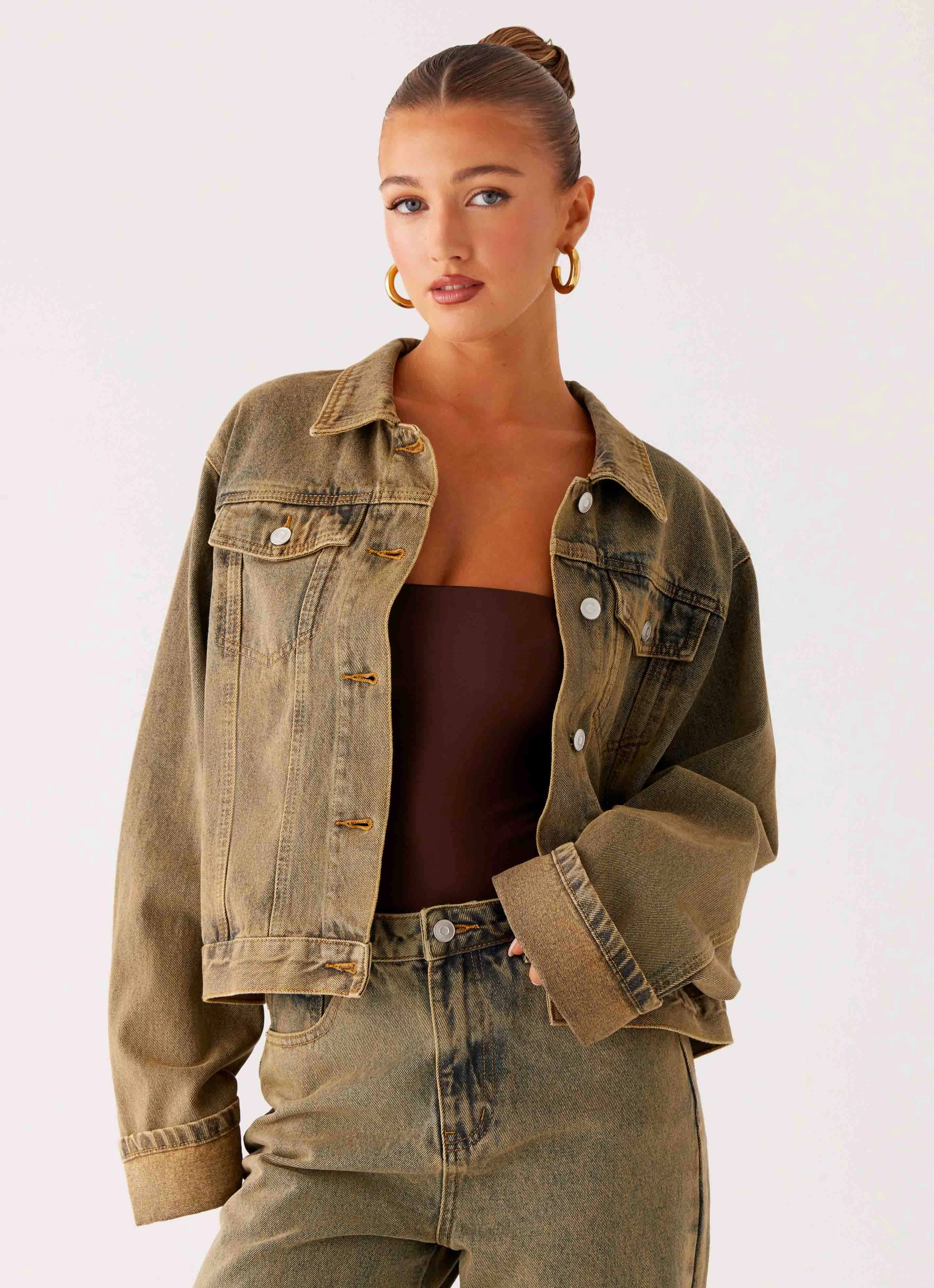 Flexible Fit Back Again Oversized Denim Jacket - Brown Sand Wash