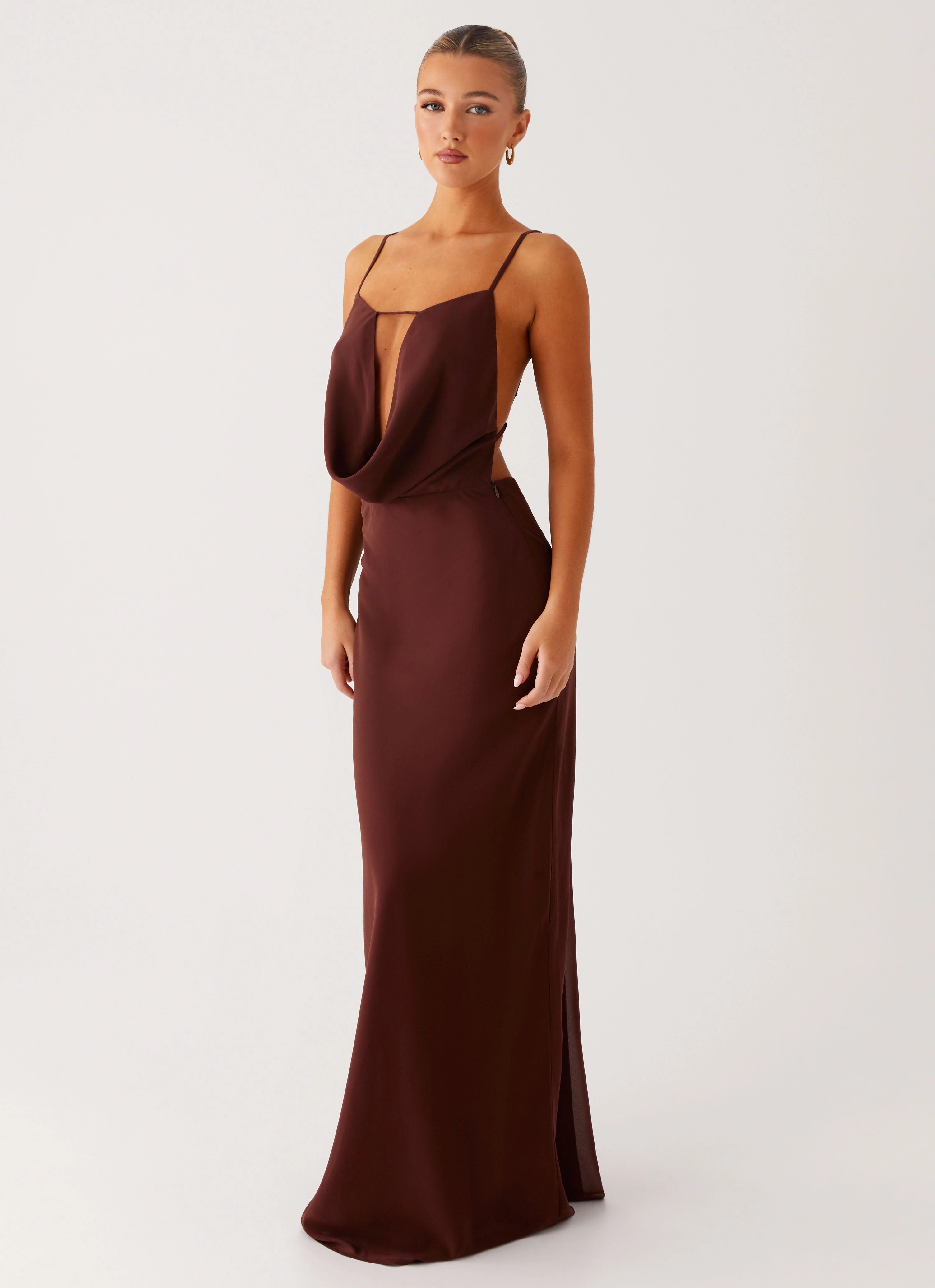 Decorative-Design Elation Cowl Neck Maxi Dress - Chocolate
