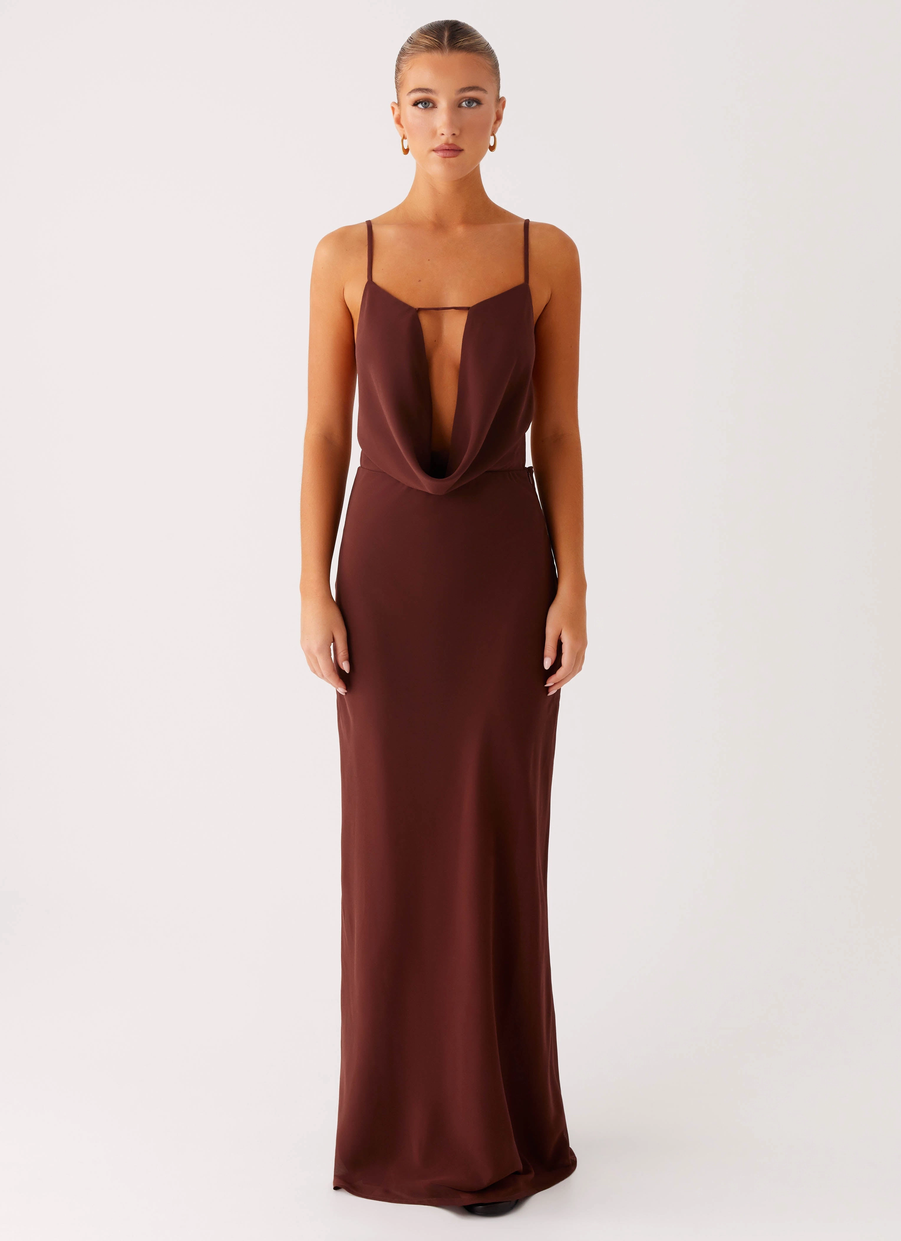 Elation Cowl Neck Maxi Dress - Chocolate Fitted Neat