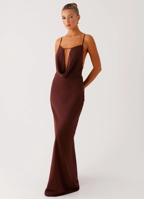 Tactile Feel Minimalist Design Elation Cowl Neck Maxi Dress - Chocolate