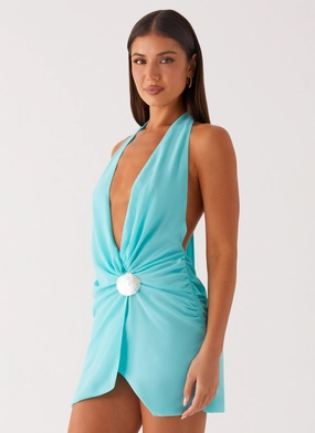 Eleanora Plunge Mini Dress - Turquoise Night Ready Sporty-Look