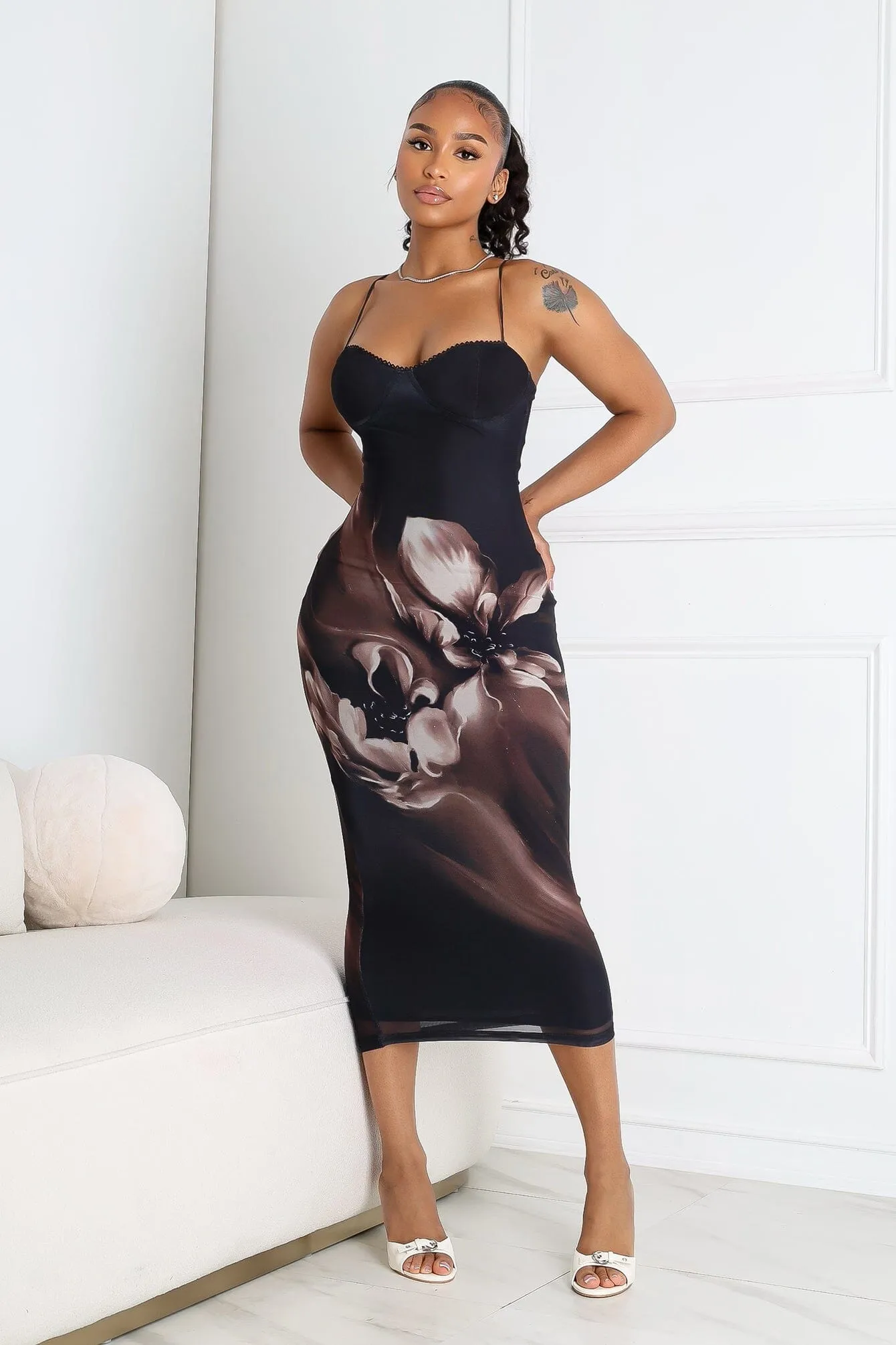 breathable fabric dress Trendy Tailoring Camellia Floral Mesh Bustier Tank Midi Dress