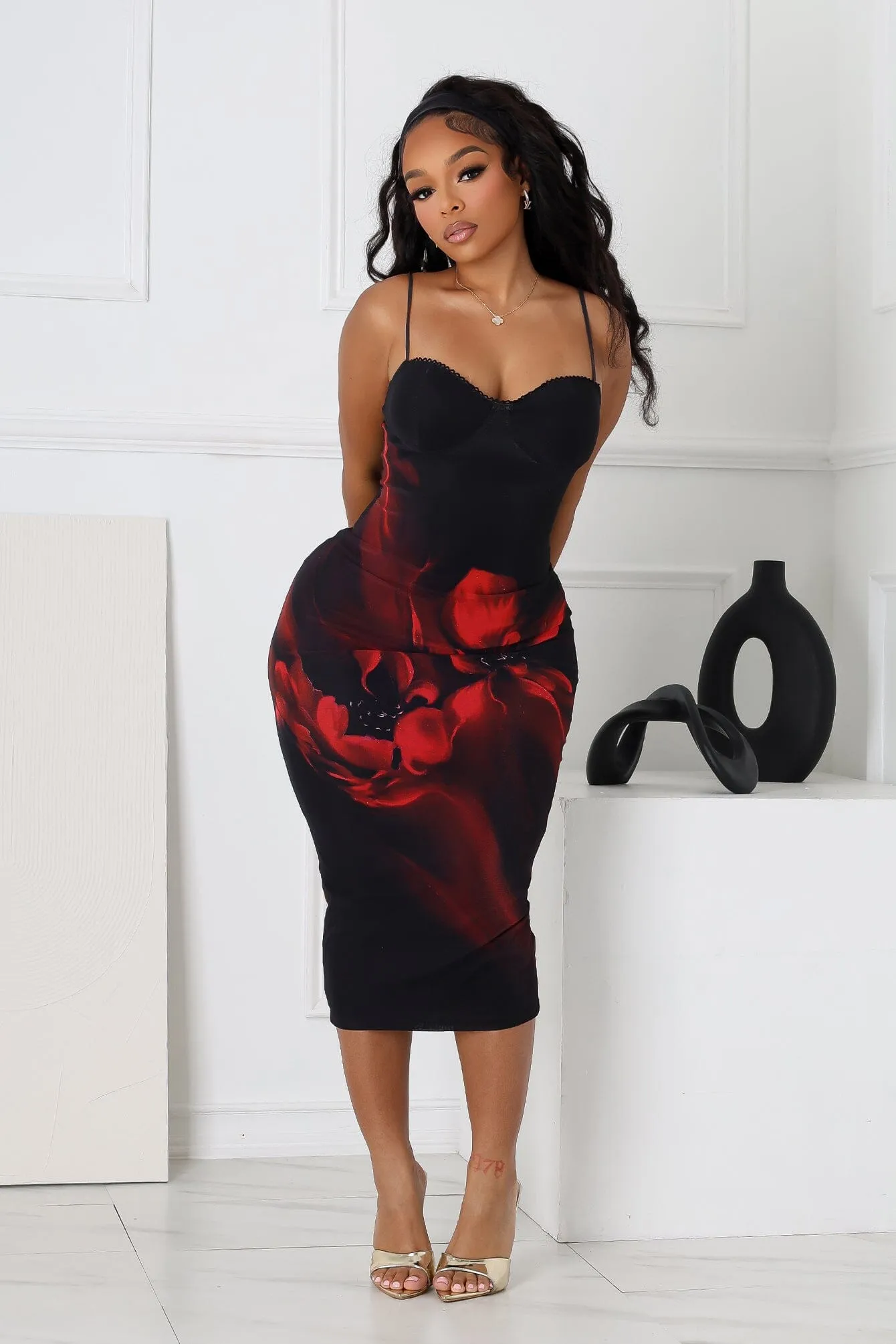 Travel Option Wrap style Camellia Floral Mesh Bustier Tank Midi Dress