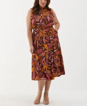 Plus Size Leaf Print Belted Dress Weekend Casual Neutral Cut