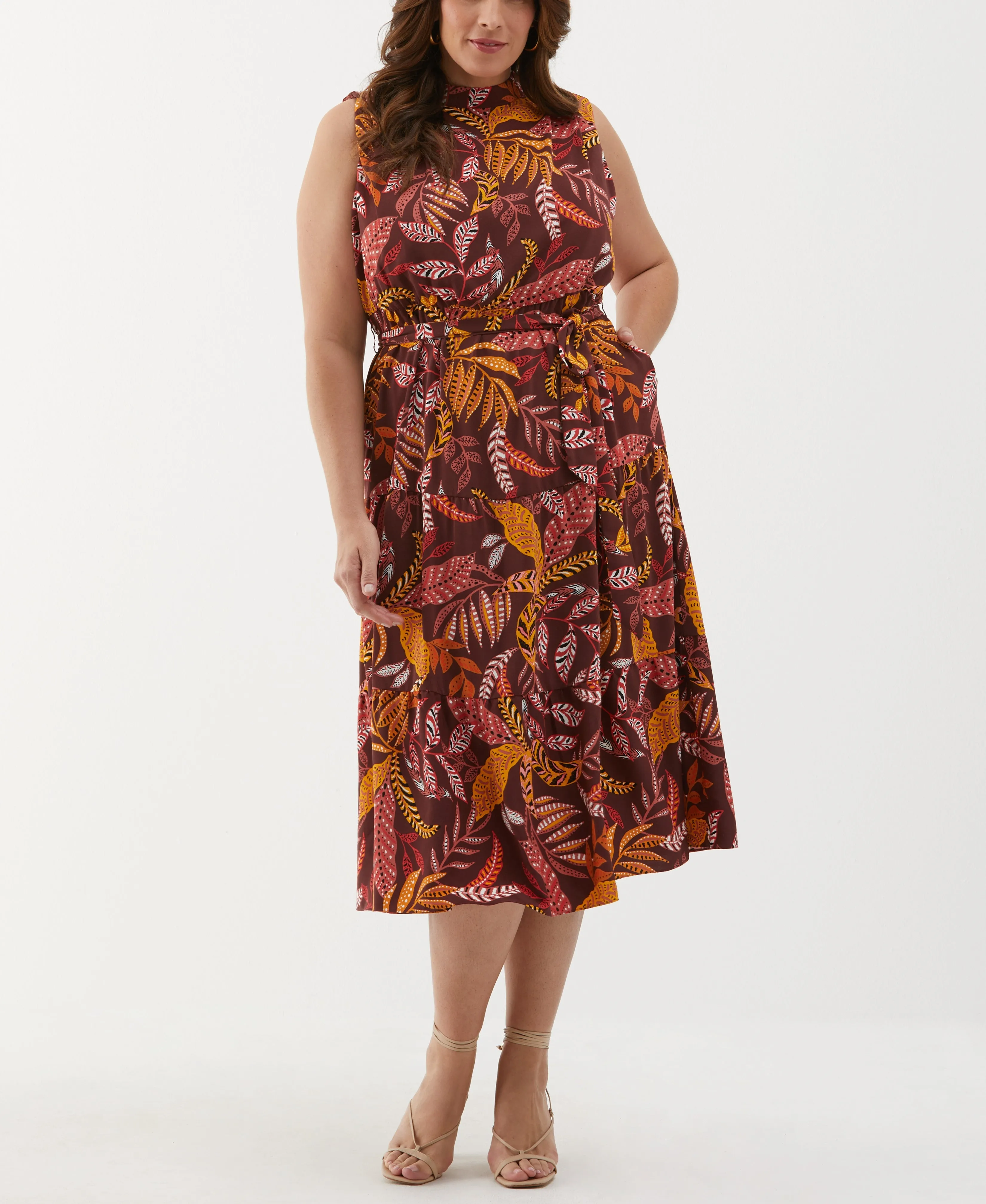 Plus Size Leaf Print Belted Dress Weekend Casual Neutral Cut