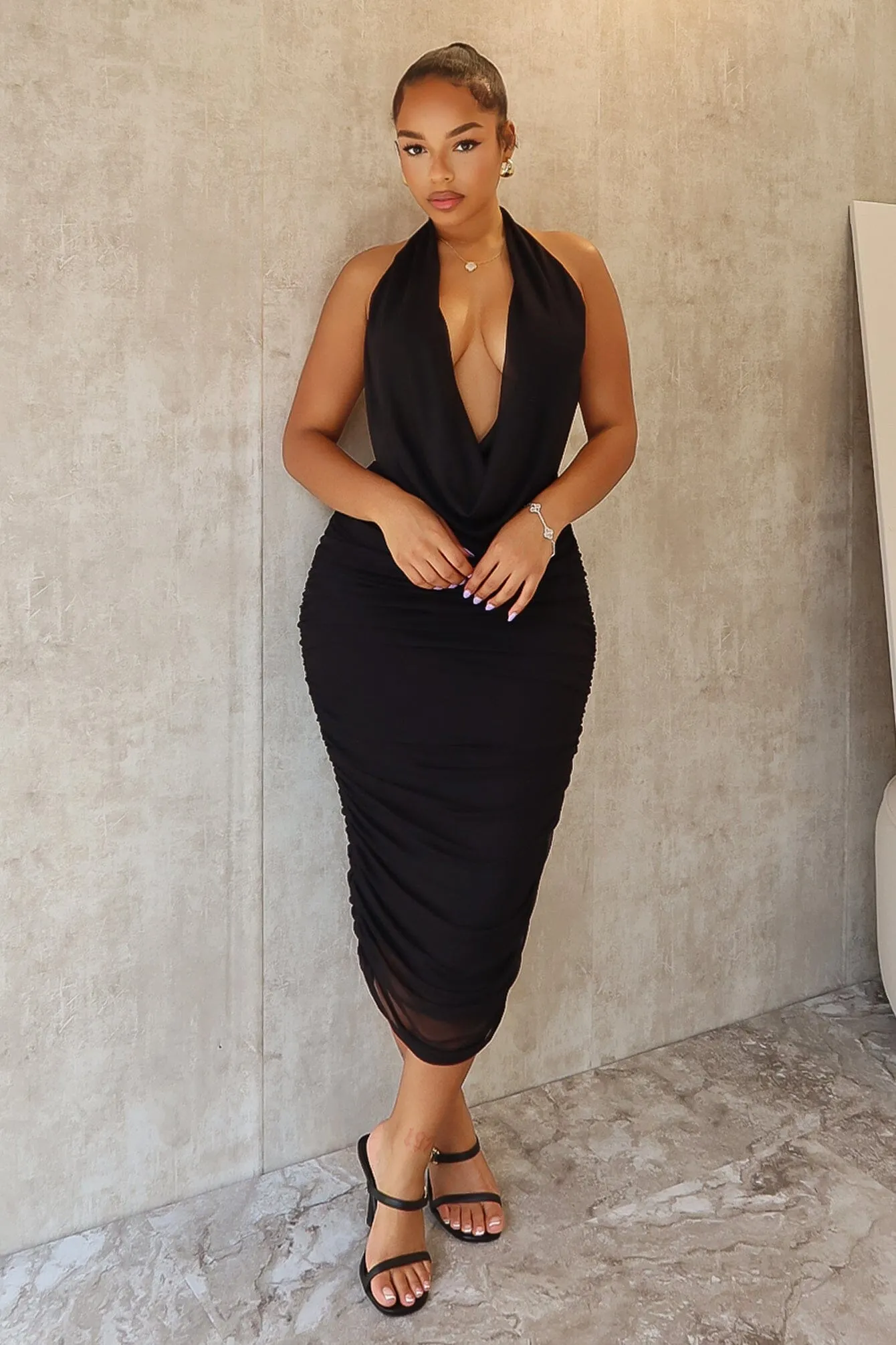 Night Party Blaise Halter Cowl Neck Mesh Ruched Maxi Dress