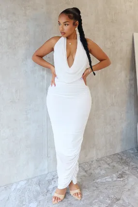 Blaise Halter Cowl Neck Mesh Ruched Maxi Dress Elegant Piece Shiny-Lining