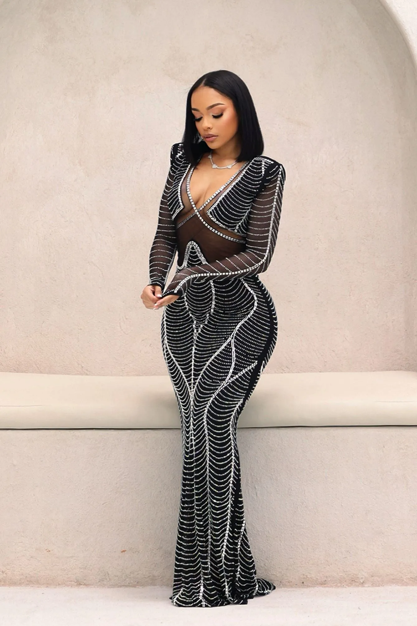 Drinks On Me Rhinestone Mesh Maxi Dress Capsule-Wardrobe