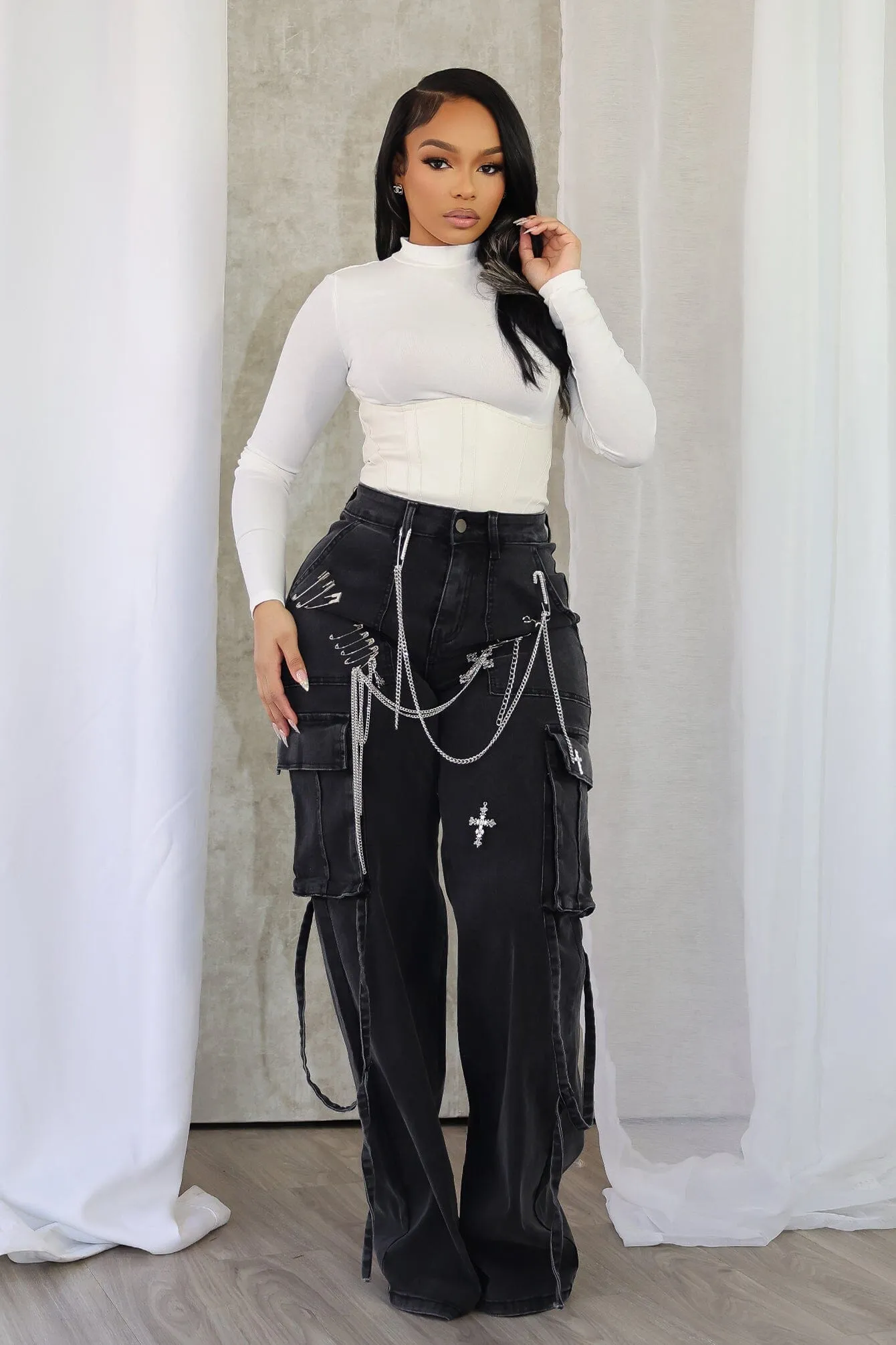 Elastic Free Cuffs Kylan Metal Trim Baggy Jeans