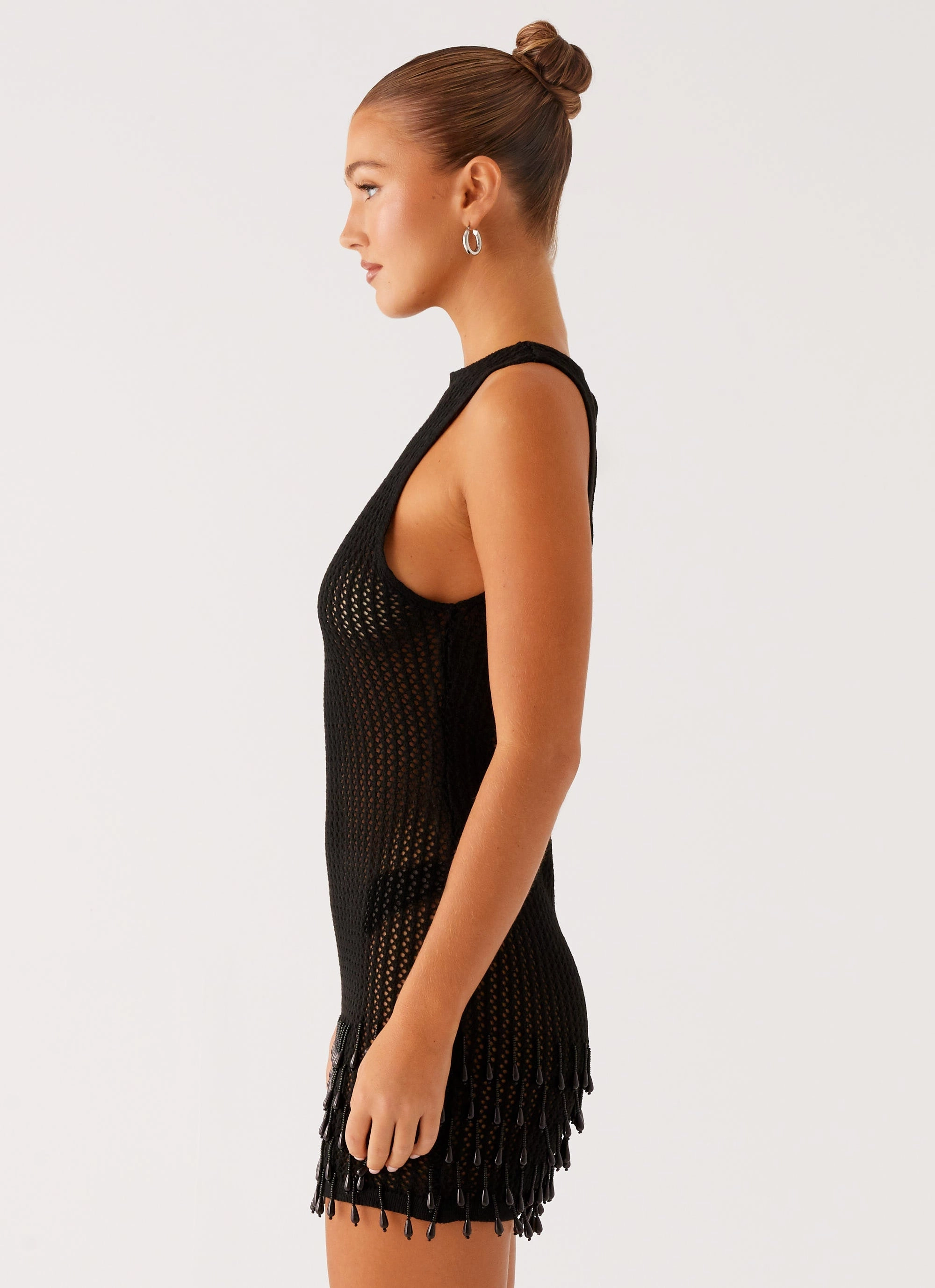 Miracle Beaded Crochet Mini Dress - Black Matching Belt