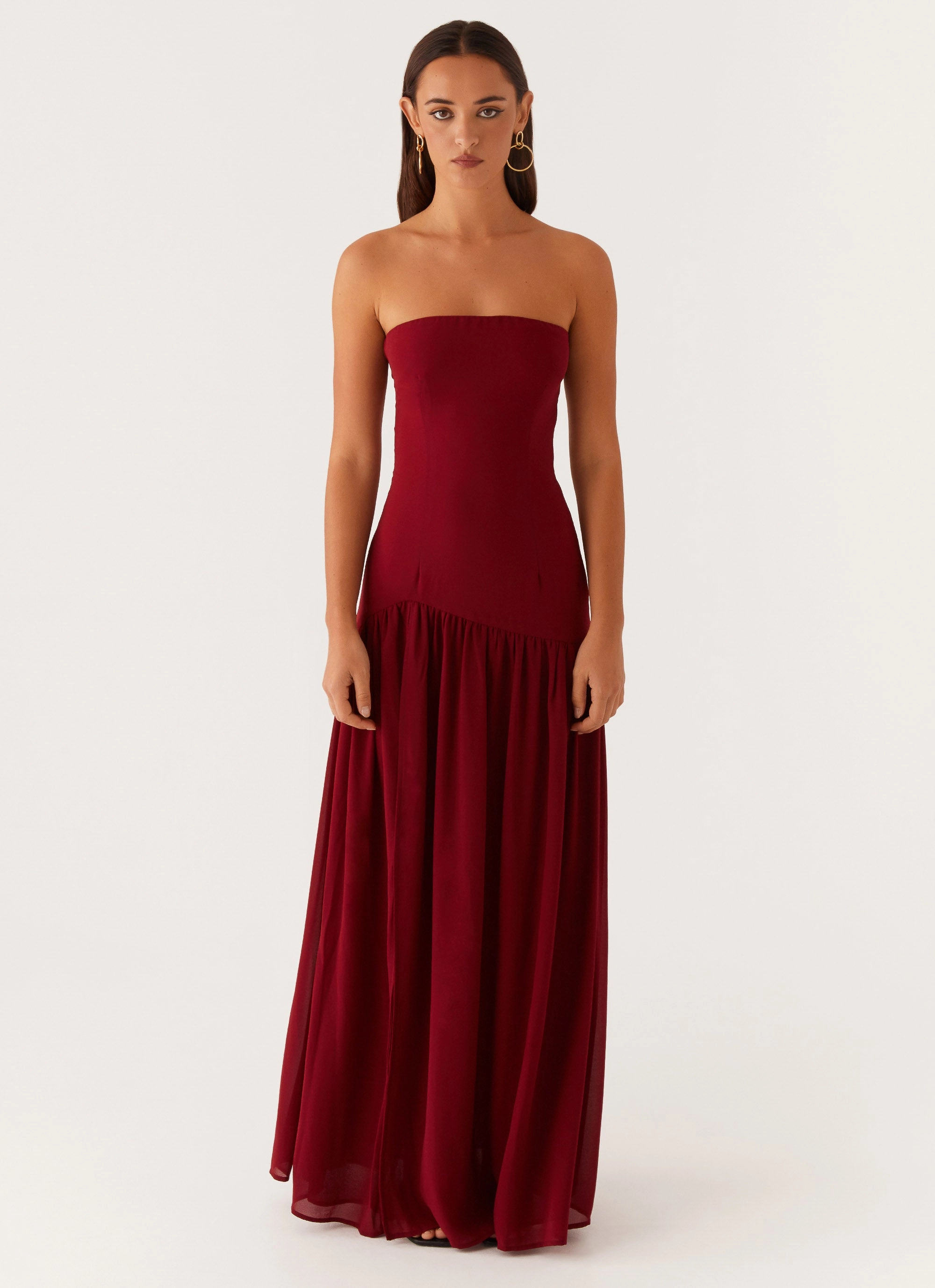 Neutral Aesthetic Boat-Neck Eden Strapless Maxi Dress - Maroon