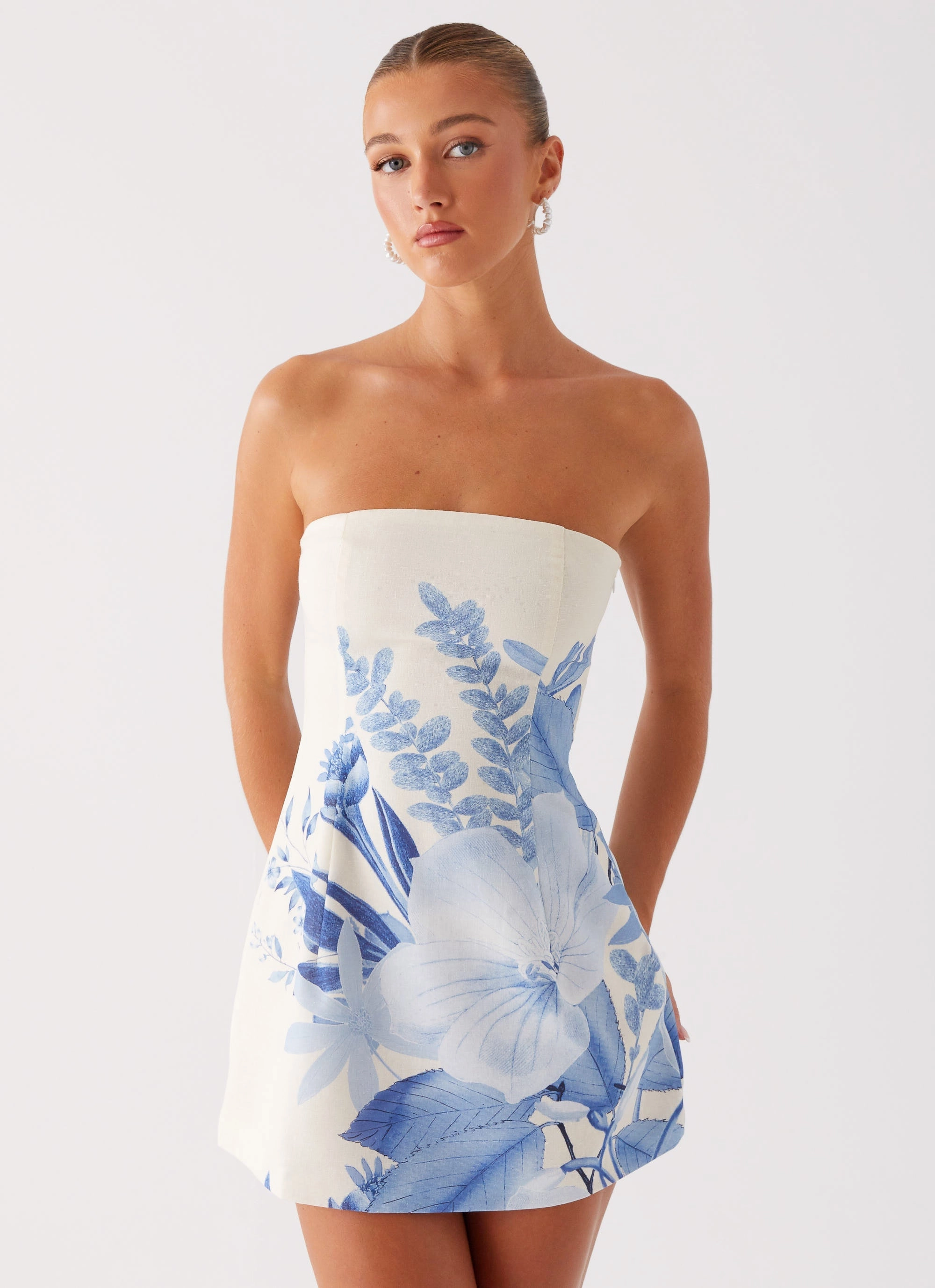 Natural Feel Eco-friendly Denby Strapless Mini Dress - Blue Floral Print