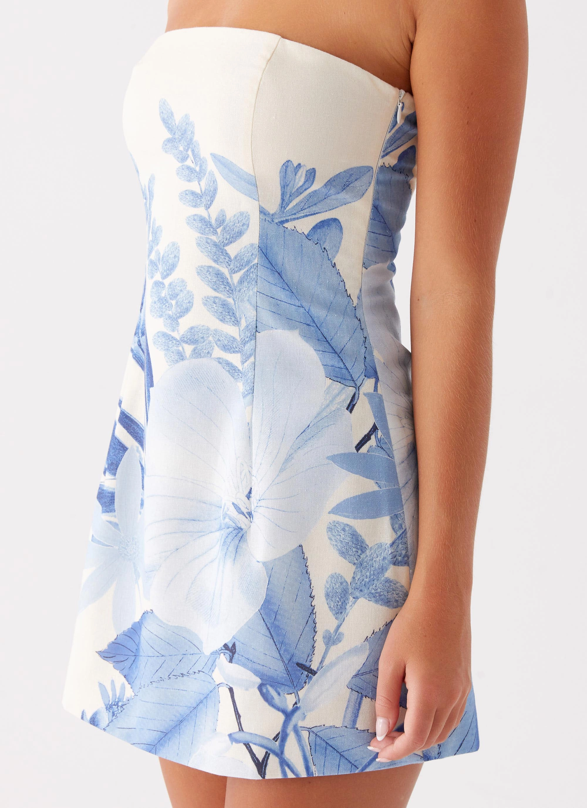 Denby Strapless Mini Dress - Blue Floral Print Subtle Look