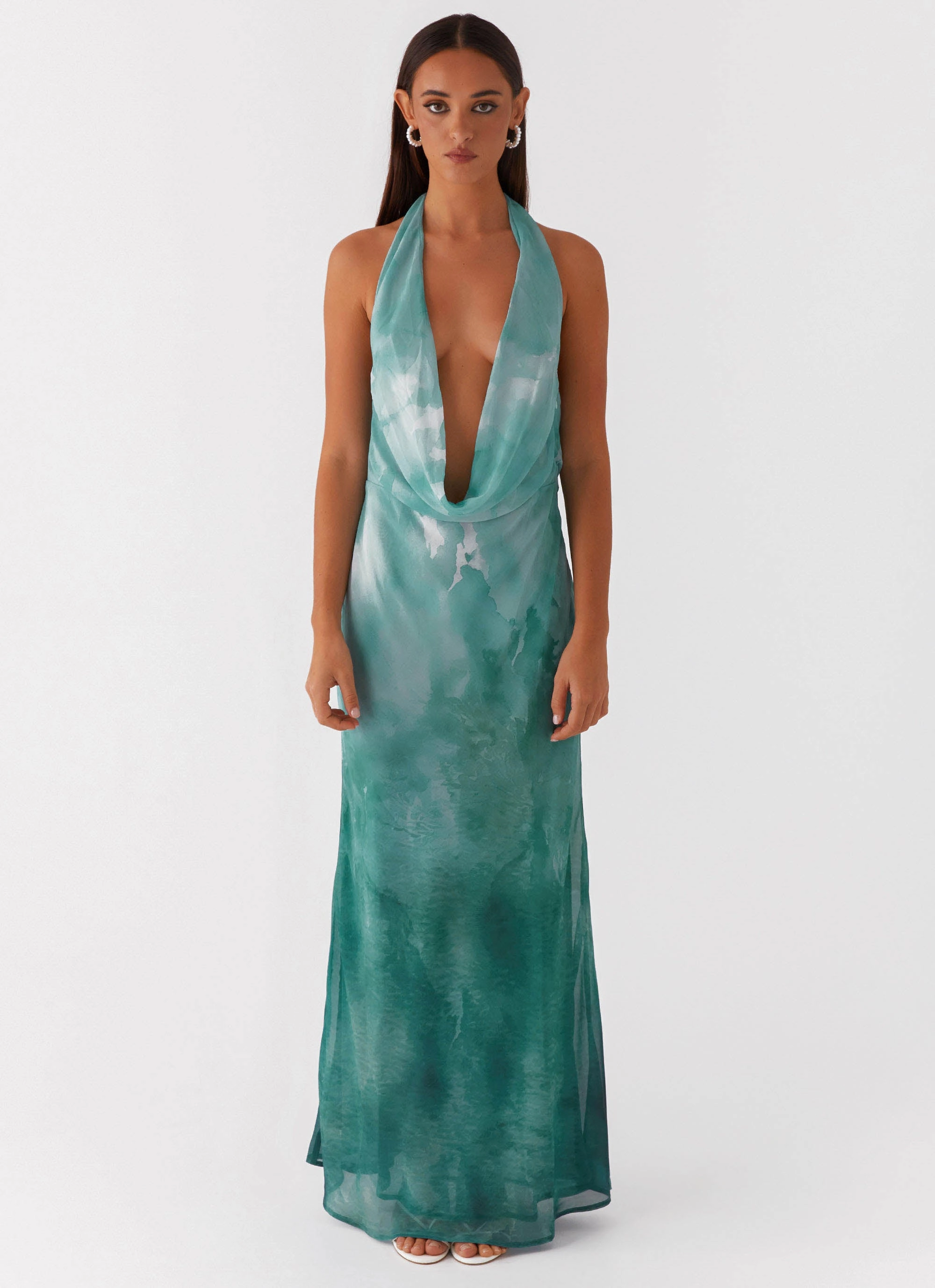 Nerissa Cowl Neck Maxi Dress - Green Tie Dye Mesh-Sleeve