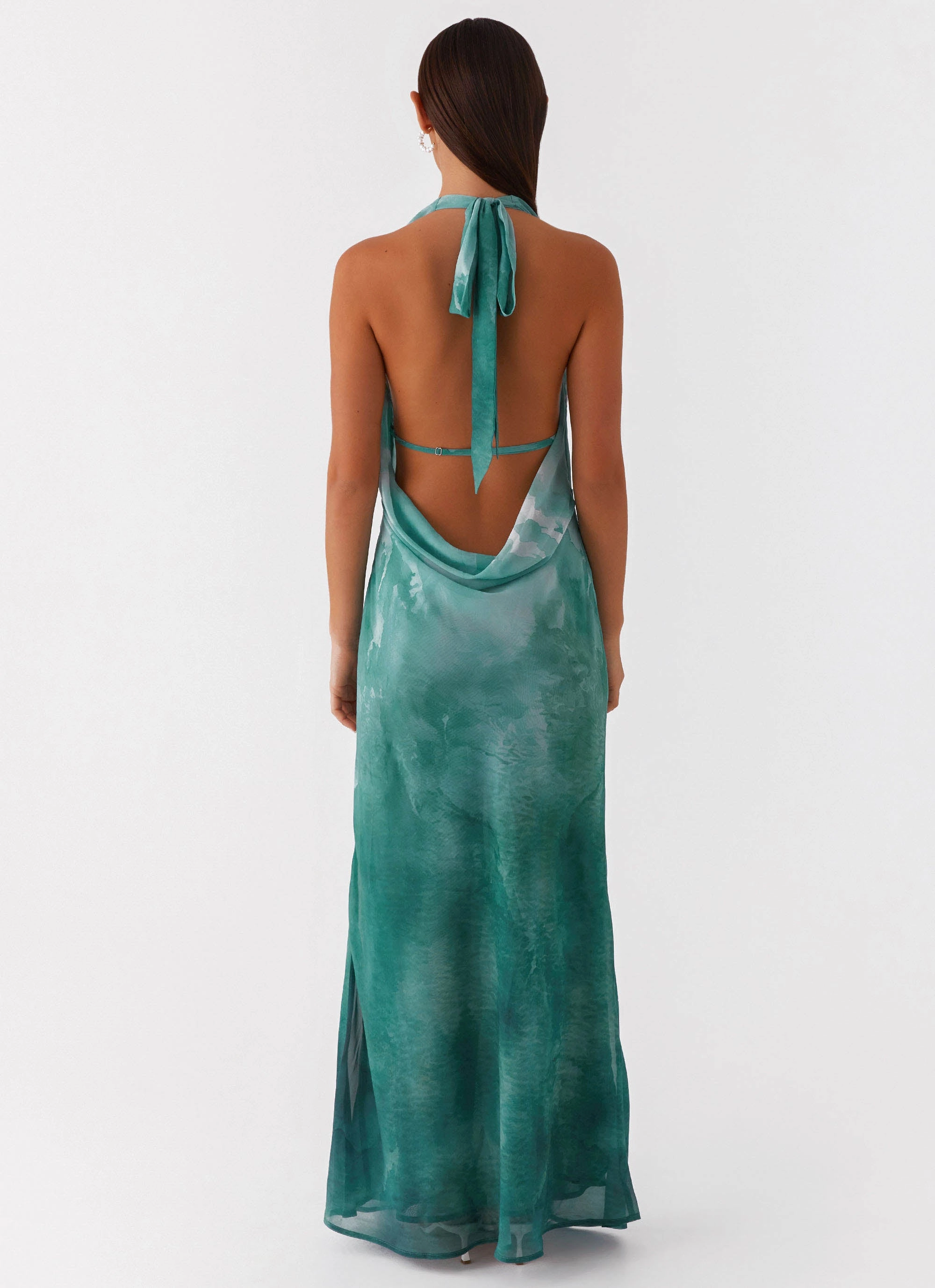 Nerissa Cowl Neck Maxi Dress - Green Tie Dye Layered Look Tonal-Panel