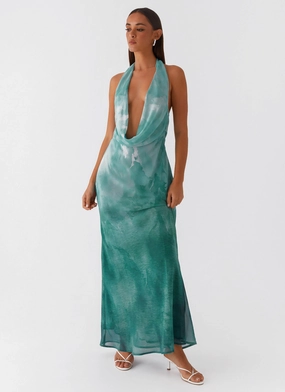Flattering Shape Wear Motion Light Nerissa Cowl Neck Maxi Dress - Green Tie Dye