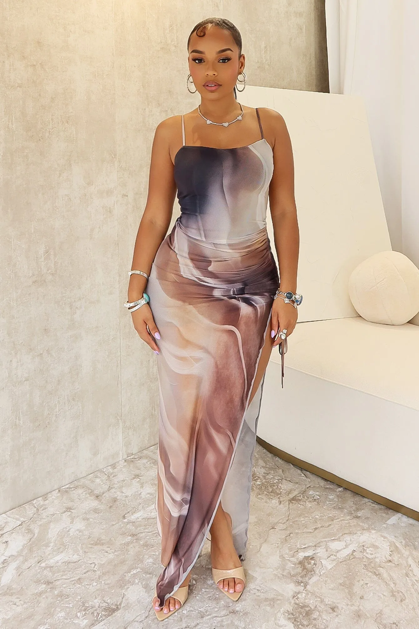 Calm Grace Ellery Print Mesh Asymmetrical Long Dress