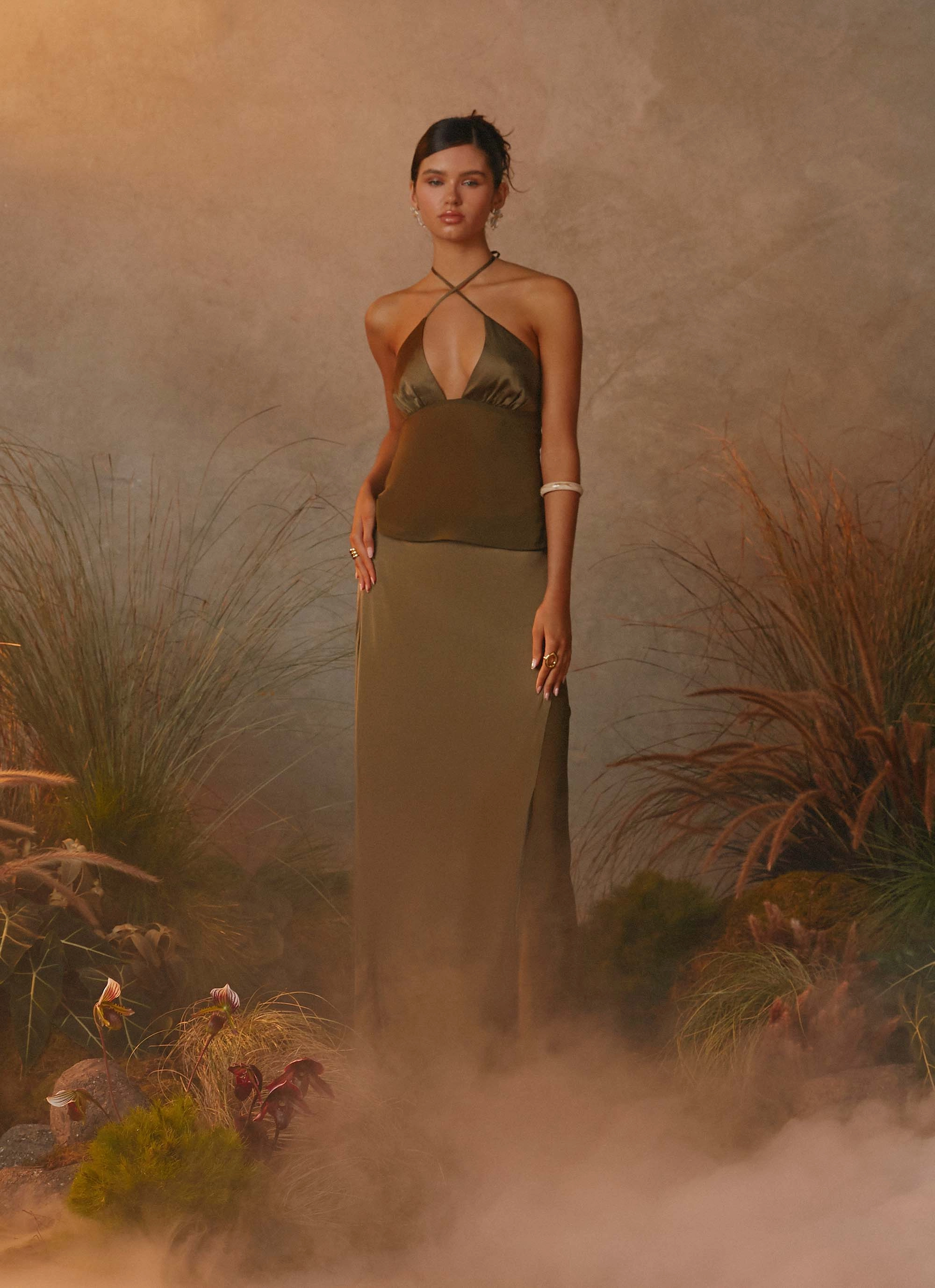 Stretch Knit Fabric elegant design Ellyse Top - Khaki