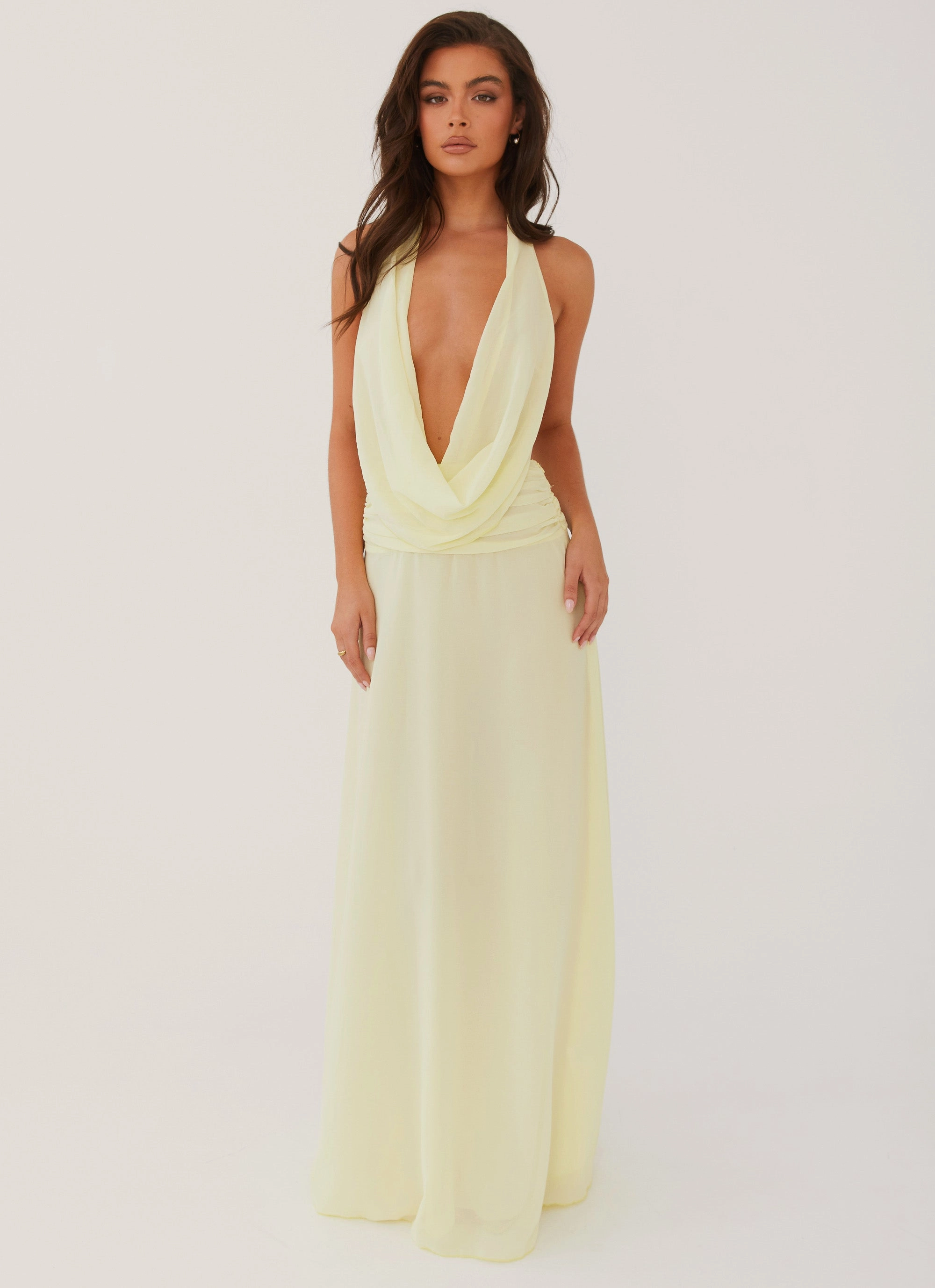 Elysia Chiffon Maxi Dress - Lemon Crisp Texture Feminine Design
