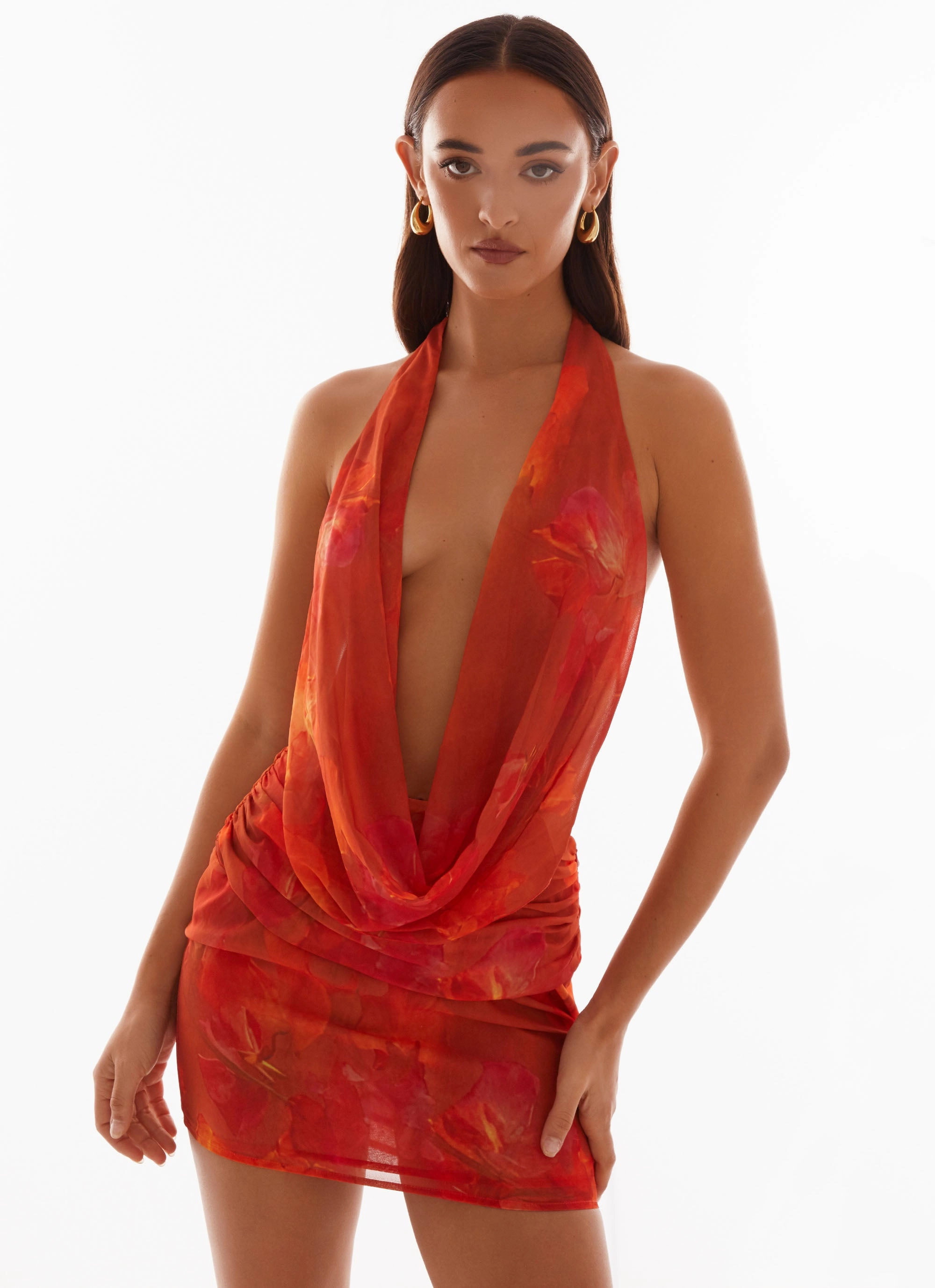 Elysia Chiffon Mini Dress - Amber Pull On Style Fold Over Design