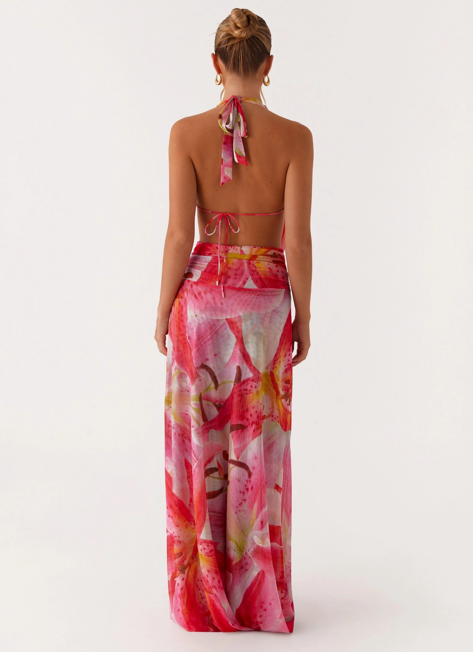 Elysia Mesh Maxi Dress - White Pink Lilly Balloon-Sleeve Bright bold dress