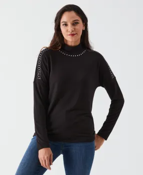 Embellished Mock Neck Top QuickDryConstruction