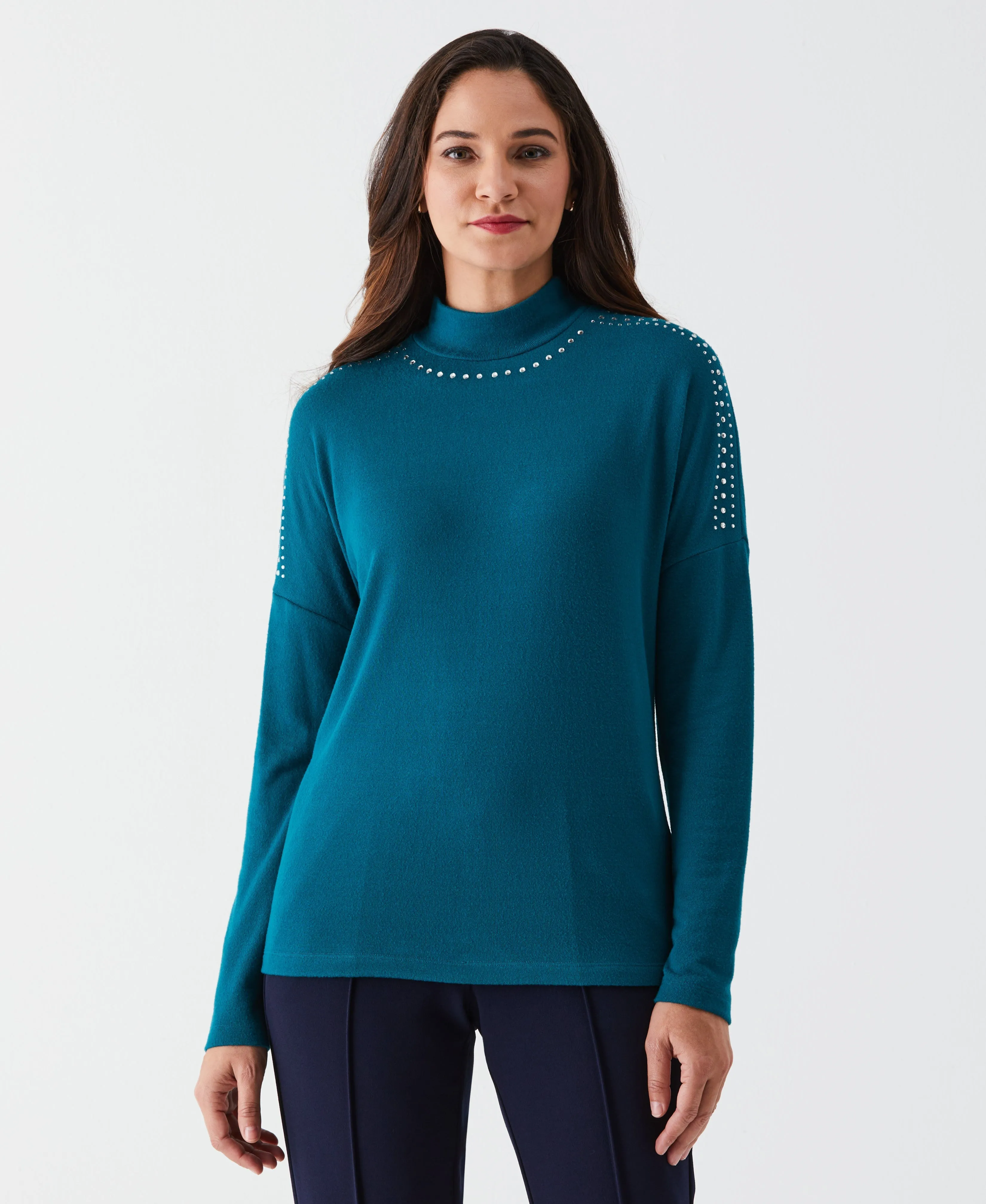 Embellished Mock Neck Top FadeResistantTechnology