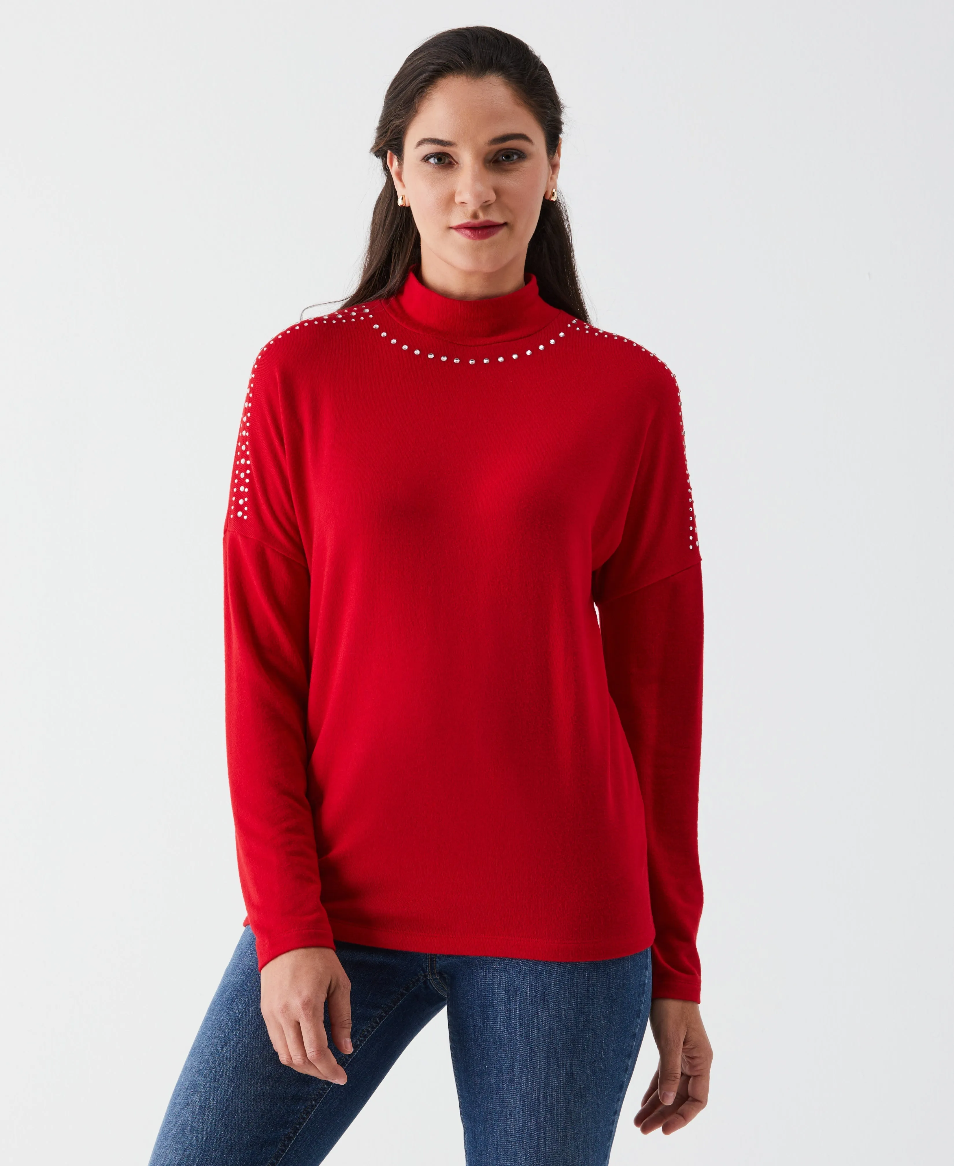 Embellished Mock Neck Top WrinkleFree Structure
