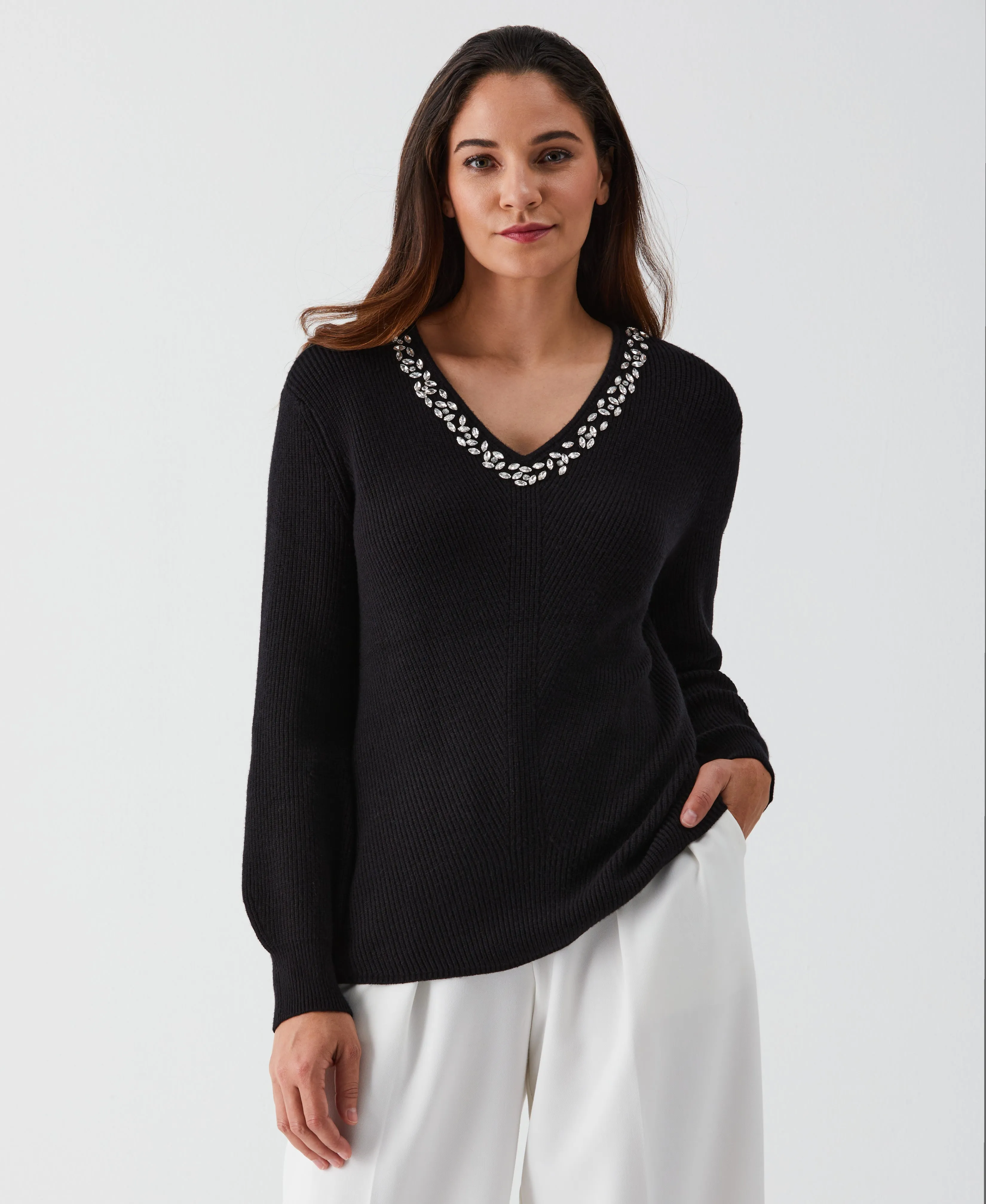 Embellished V-Neck Sweater Tagless Comfort Collar