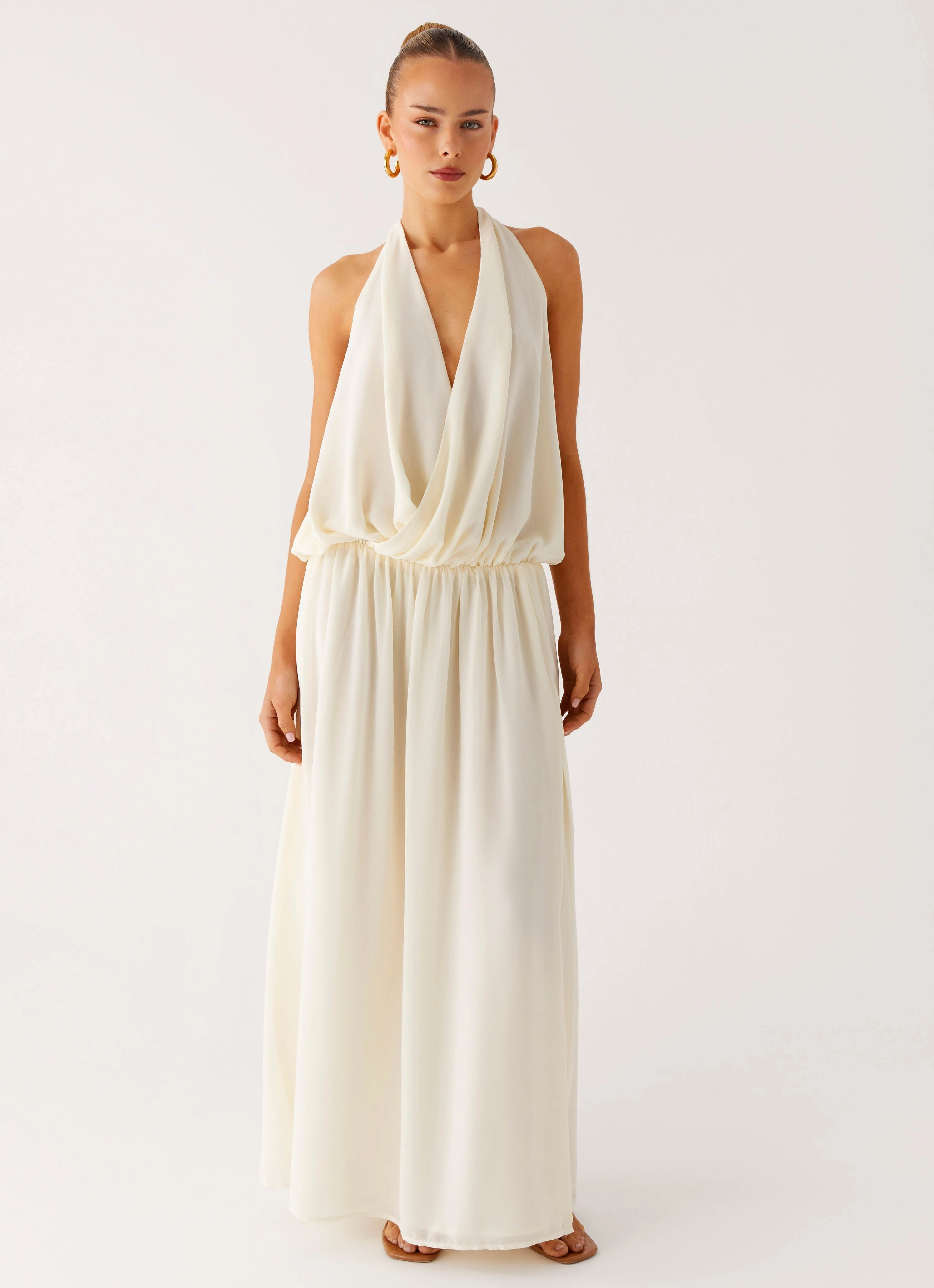 Dreamy Texture Warm-Layer Narlah Halter Maxi Dress - Ivory