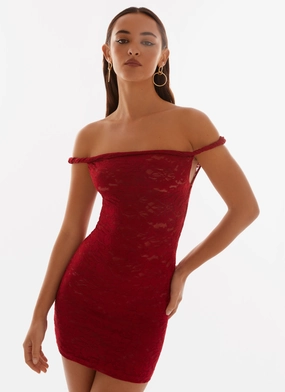 Arabella Lace Twist Shoulder Mini Dress - Red Visual Outfit