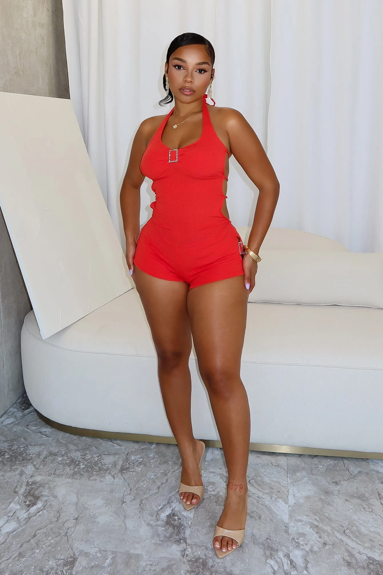 Cozy and Soft Seasonal Wear Emery Rhinestone Halter Romper