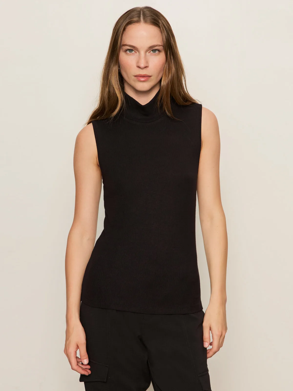 Essential Sleeveless Mock Neck Tank Black Stretch Comfort Unstructured Silhouette